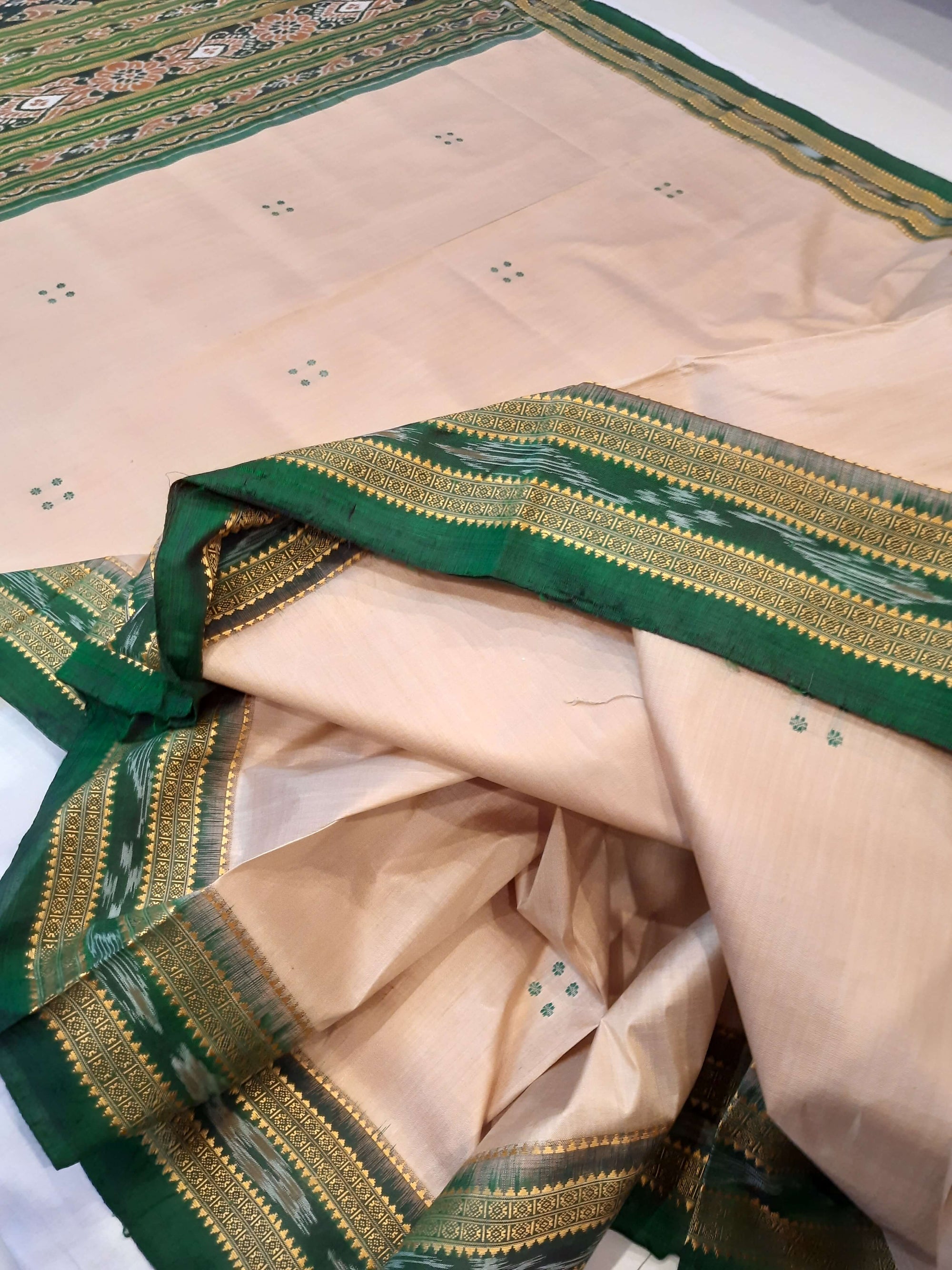 Beige with Green Odisha Khandua Pata Silk Saree with cotton ikat blouse piece