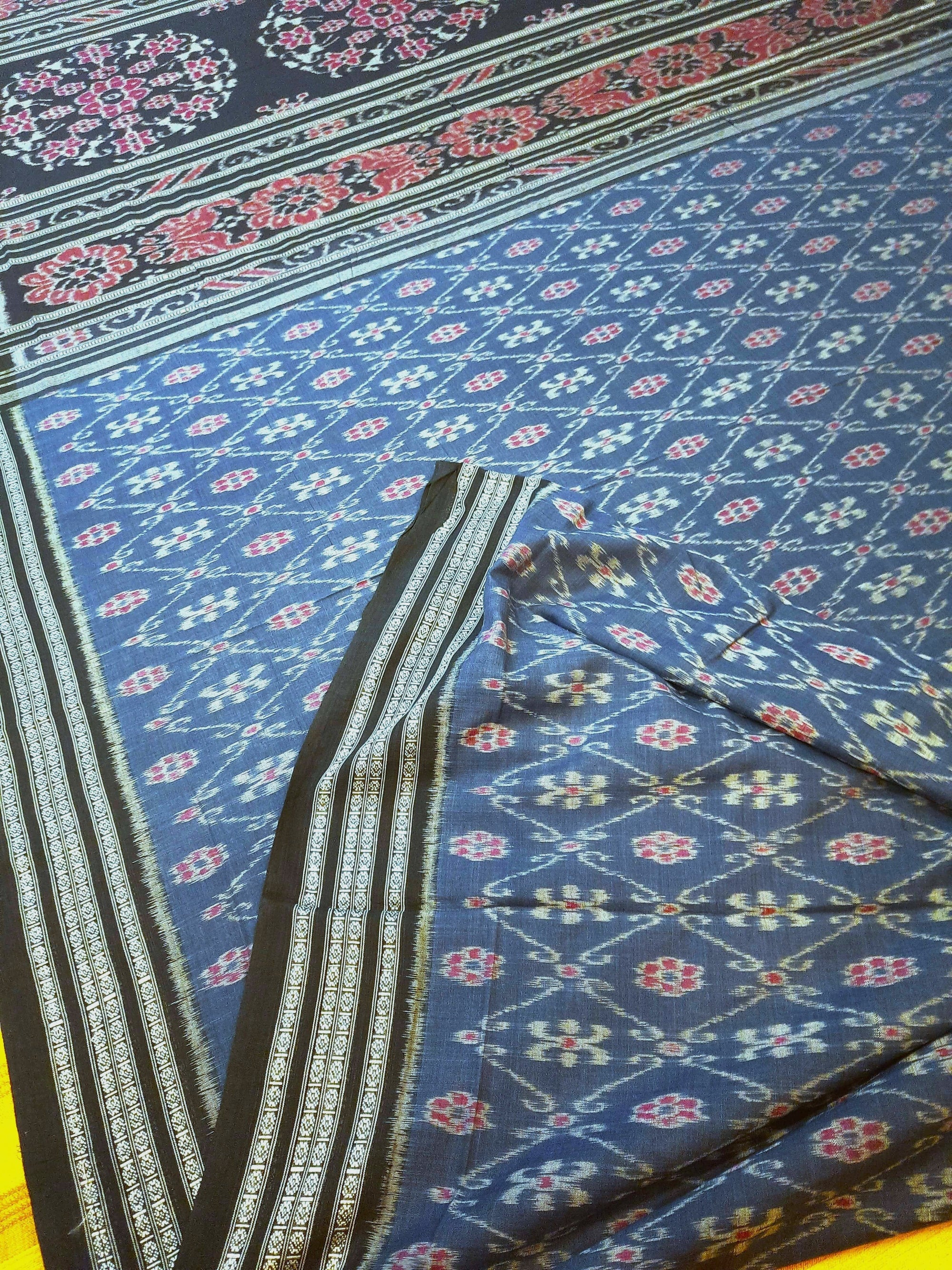 Blue cotton Sambalpuri Saree paired with cotton ikat blouse piece