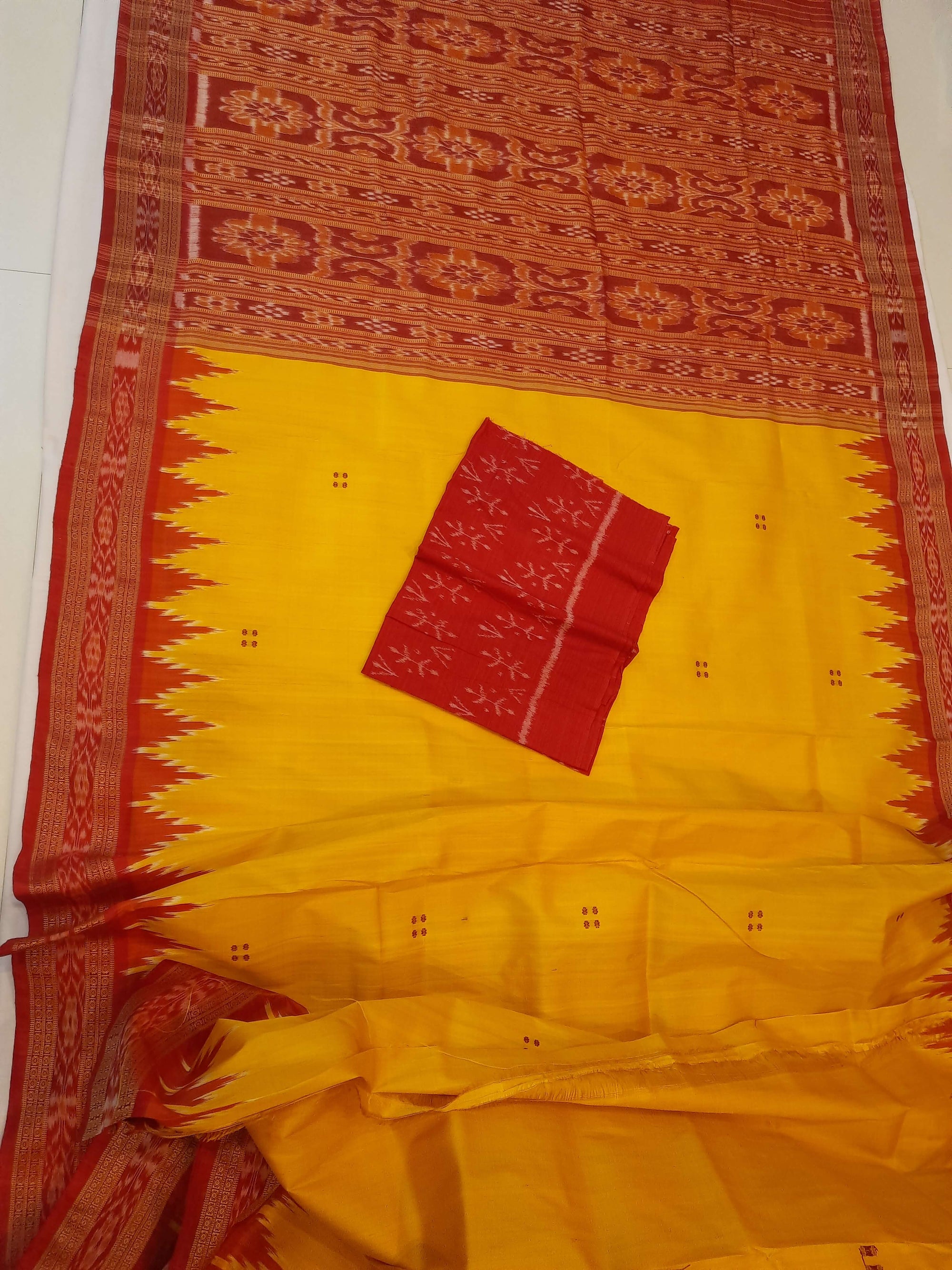 Yellow Red Odisha Khandua Pata Silk Saree with cotton ikat blouse piece