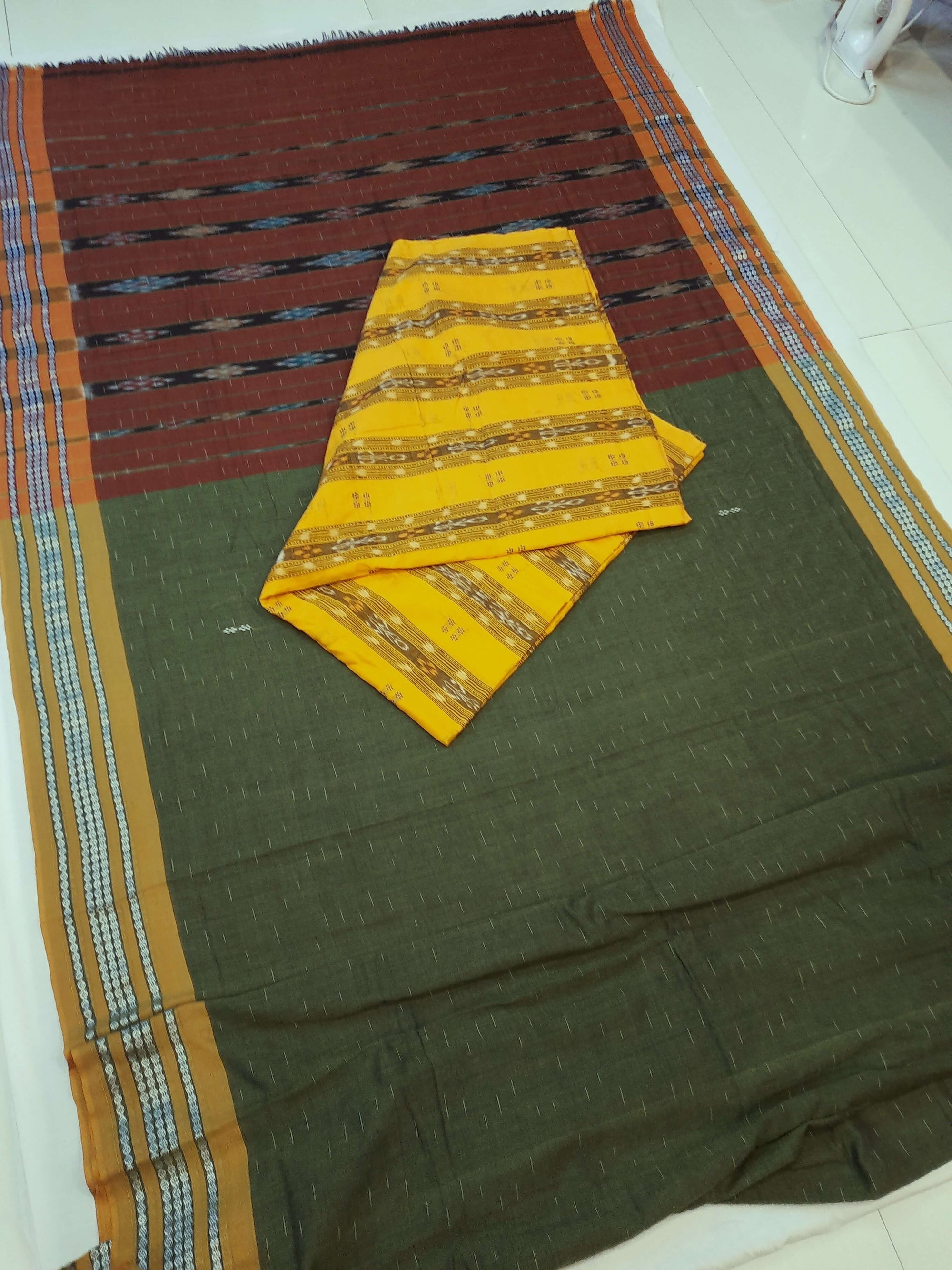 Olive Green Cotton Odisha Ikat saree with mix match blouse piece