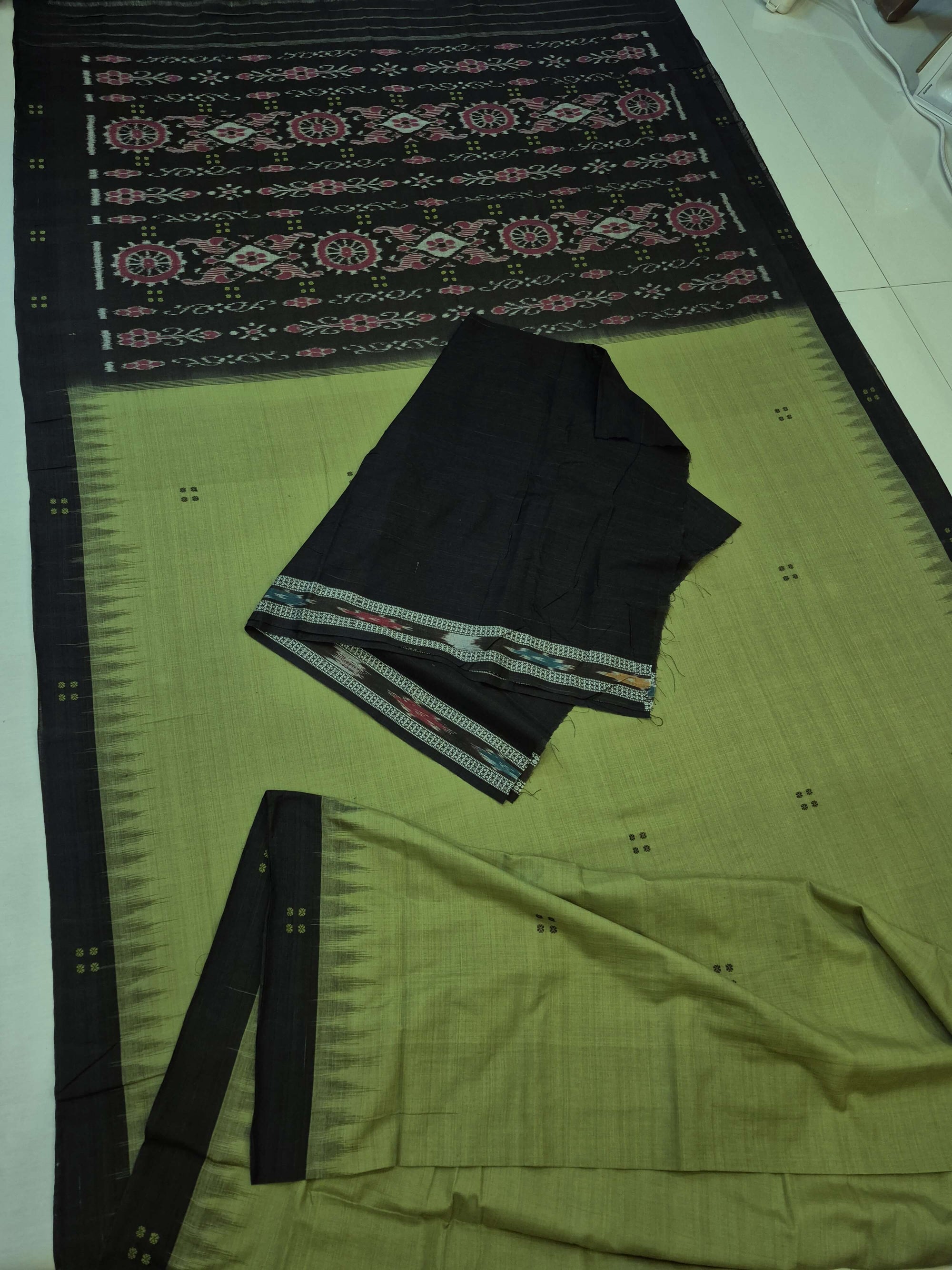 Green with Black Cotton Odisha Ikat saree with cotton ikat blouse piece