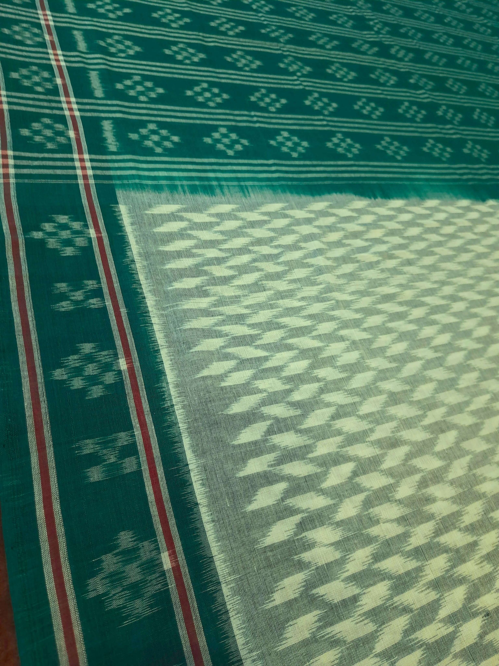 Off_White with Green Cotton Odisha Ikat saree with mix match cotton ikat blouse piece