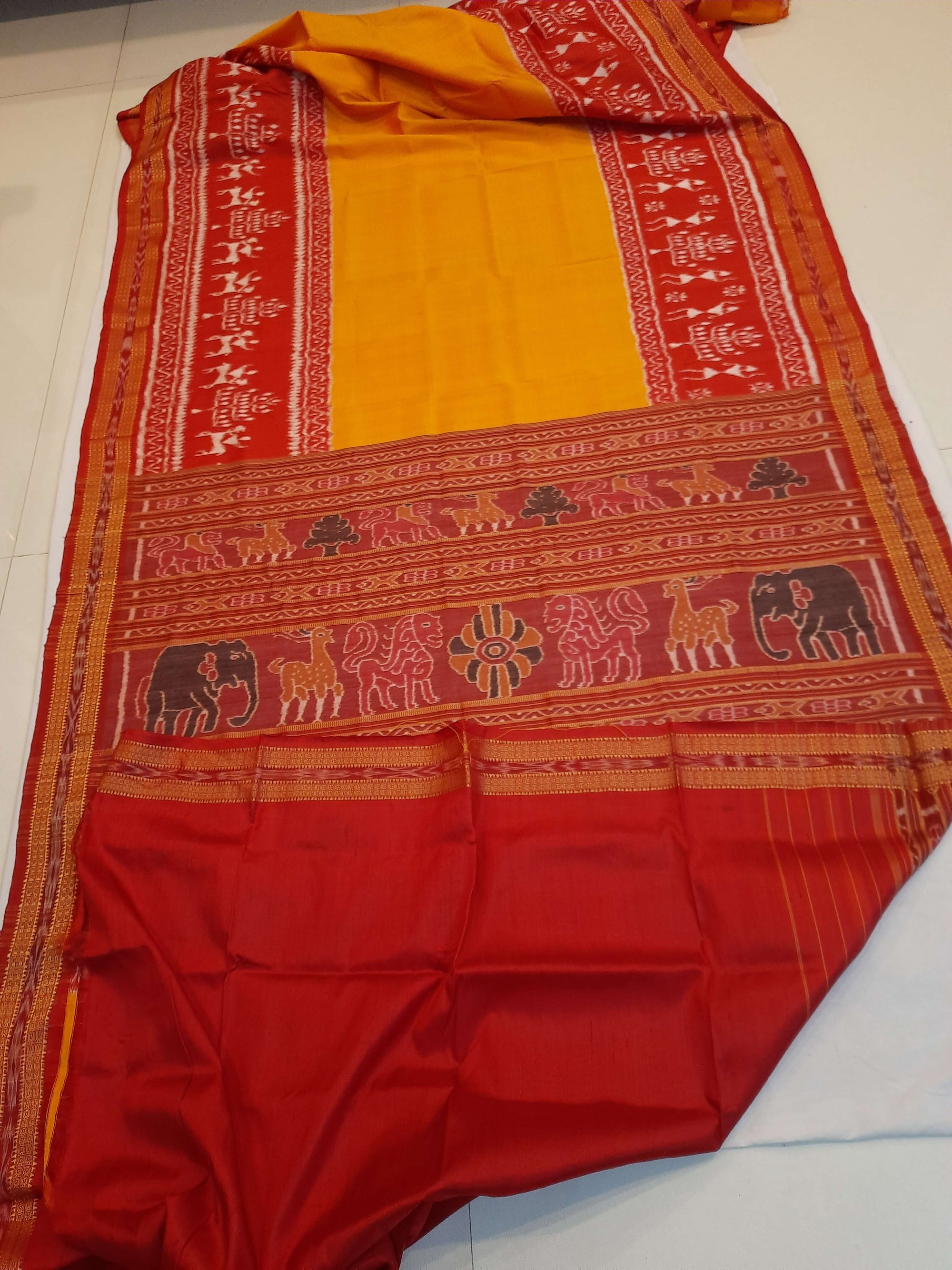 Yellow Red Odisha Khandua Pata Silk Saree with running blouse piece