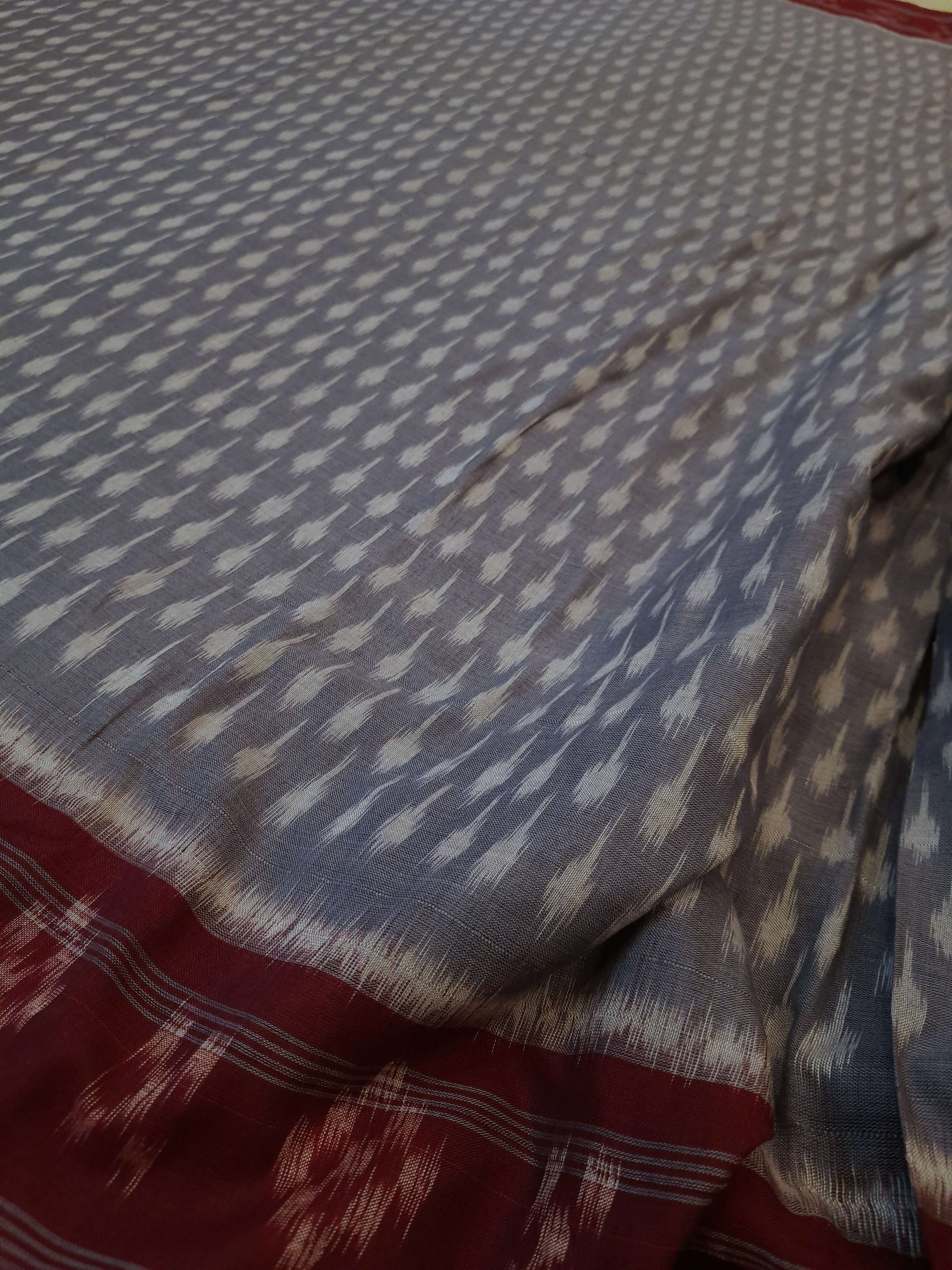 Grey cotton Odisha Ikat Saree with mix match cotton Ikat blouse piece
