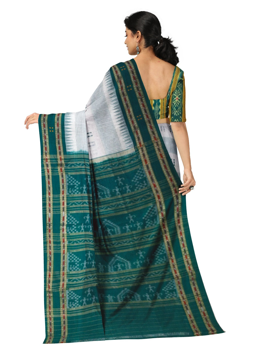 White with Green buti Cotton Odisha Ikat saree with mix match cotton ikat blouse