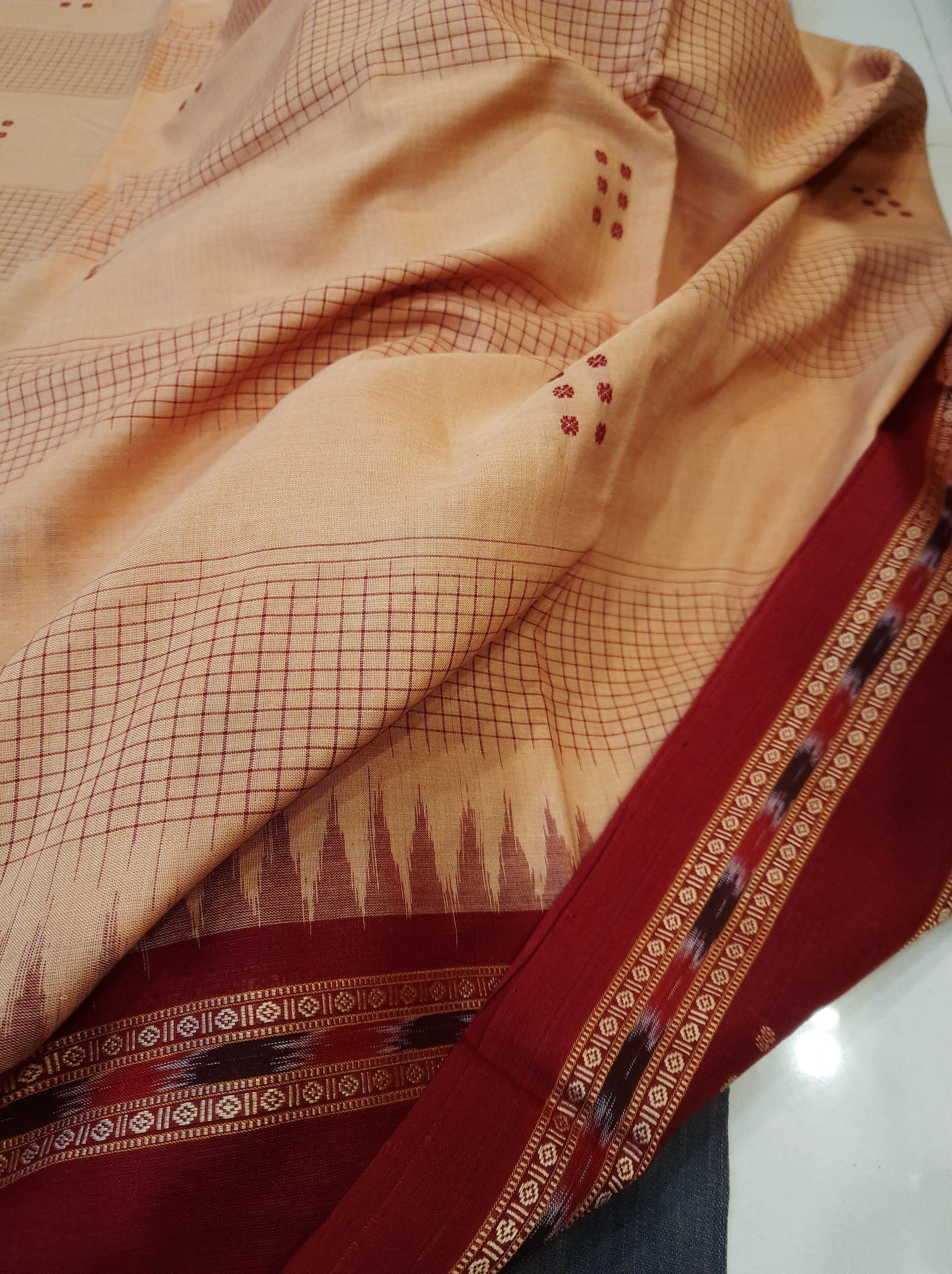 Beige Maroon buti Cotton Odisha Ikat saree with mix match cotton ikat blouse