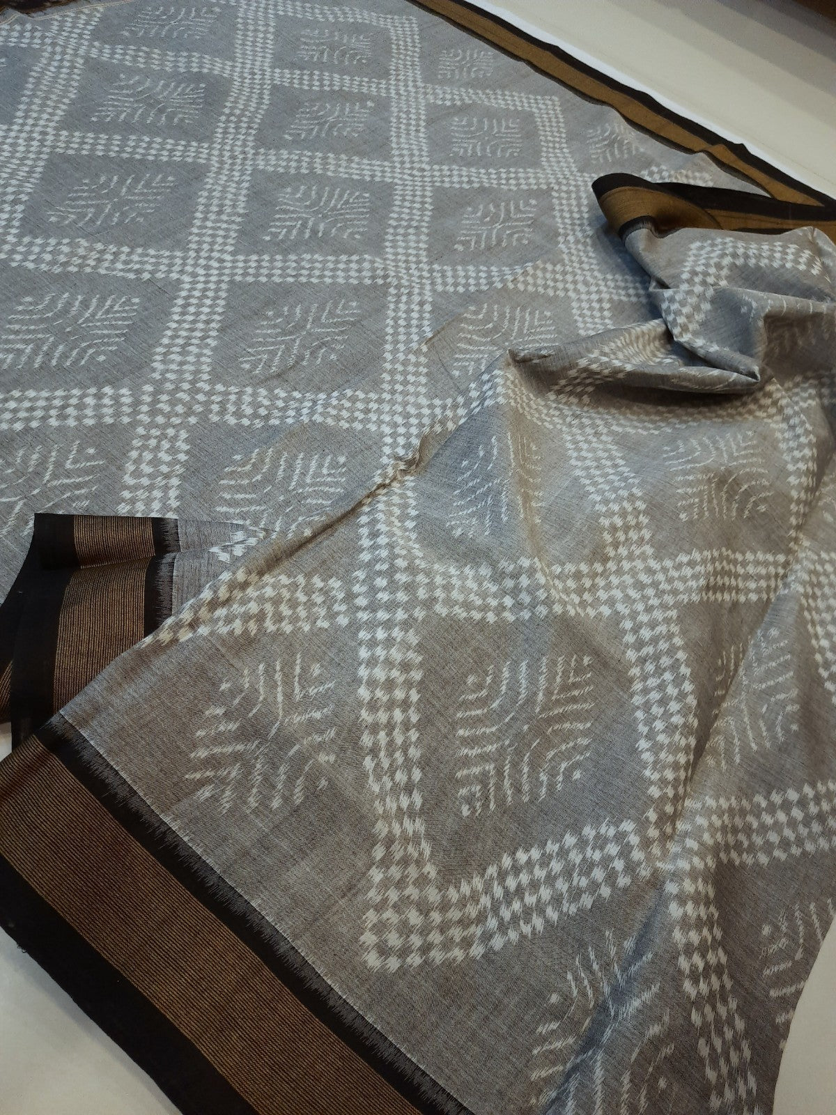 Grey Sambalpuri cotton Saree with mix match ikat blouse piece