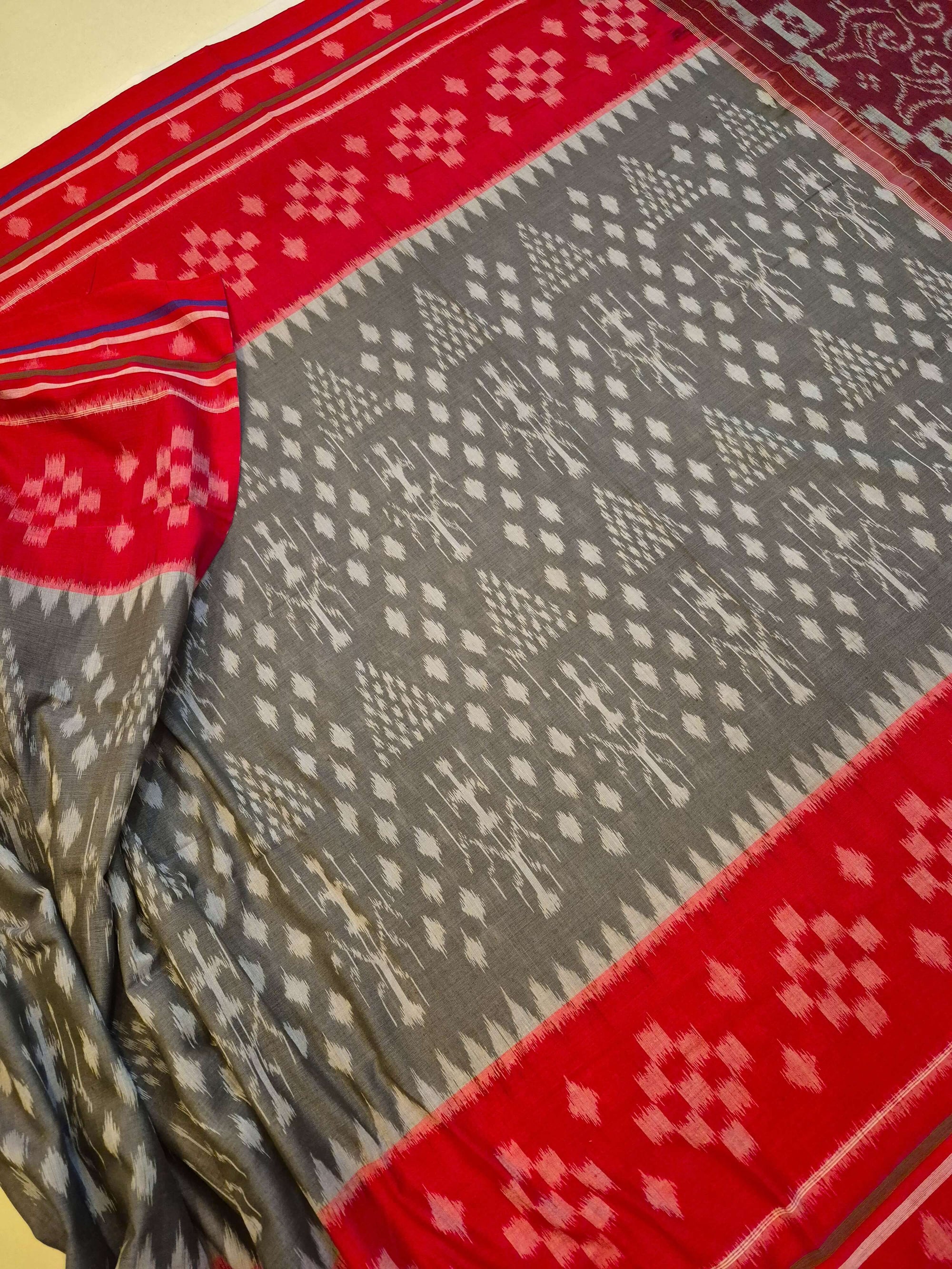 Grey with Red cotton Odisha Ikat Saree with matching cotton Ikat blouse piece