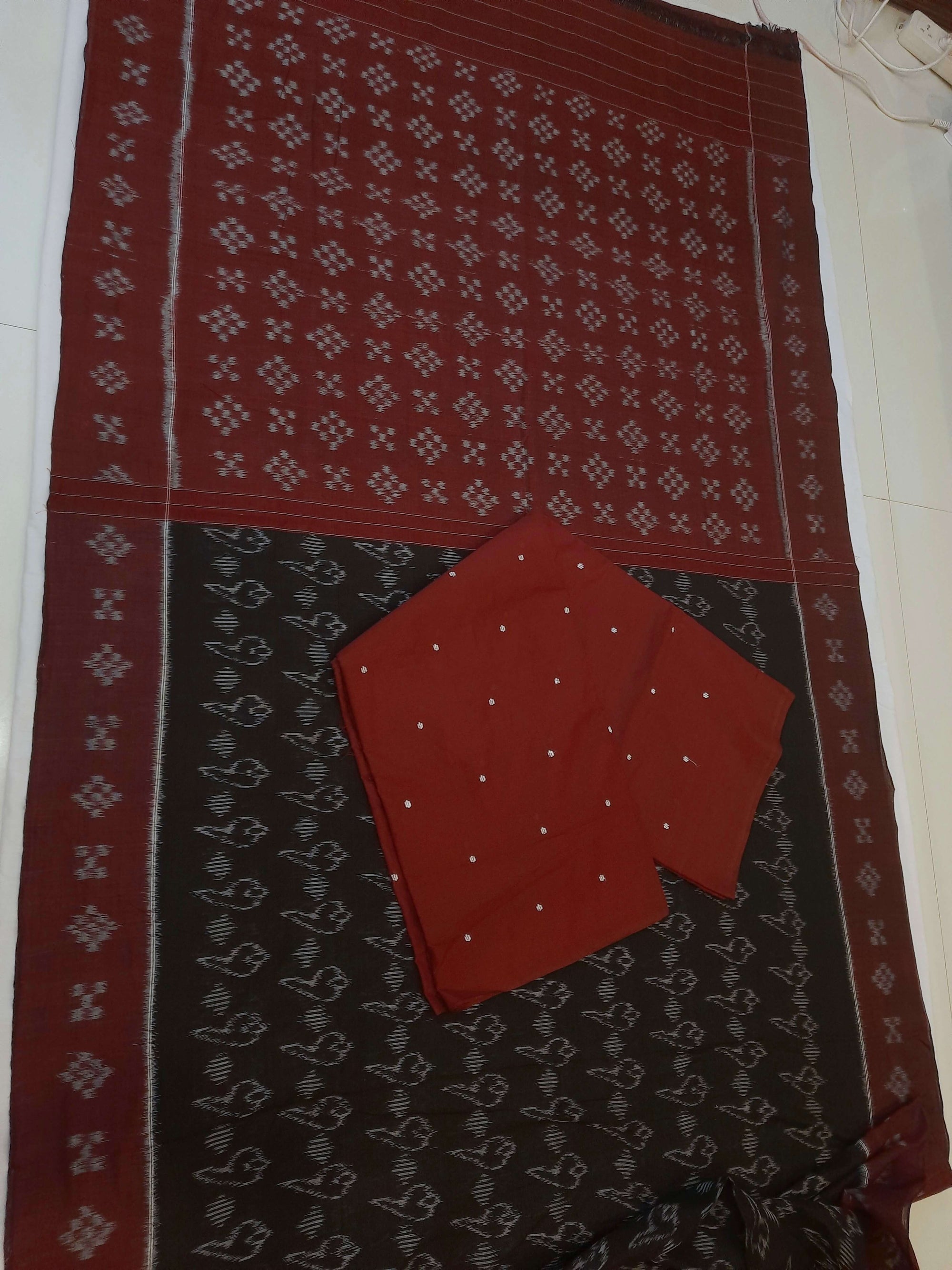 Black with Maroon Cotton Odisha Ikat saree with matching blouse piece