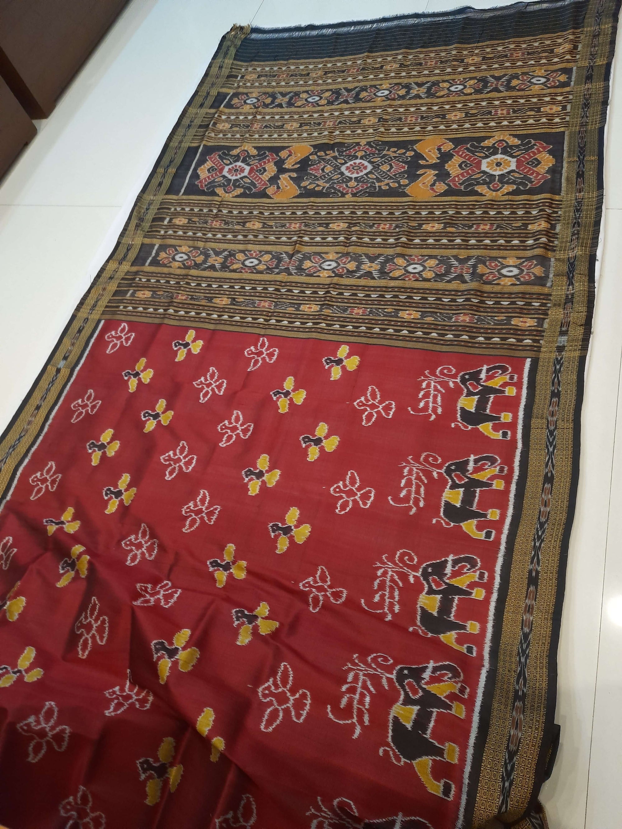 Maroon Odisha Khandua Pata Silk Saree with cotton ikat blouse piece