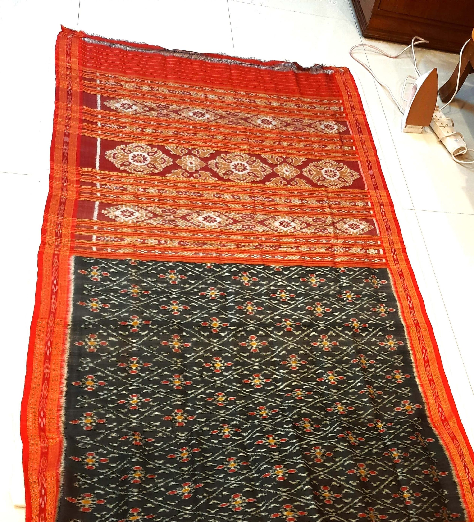 Black with Red Border Odisha Khandua Pata Silk Saree with cotton ikat blouse piece