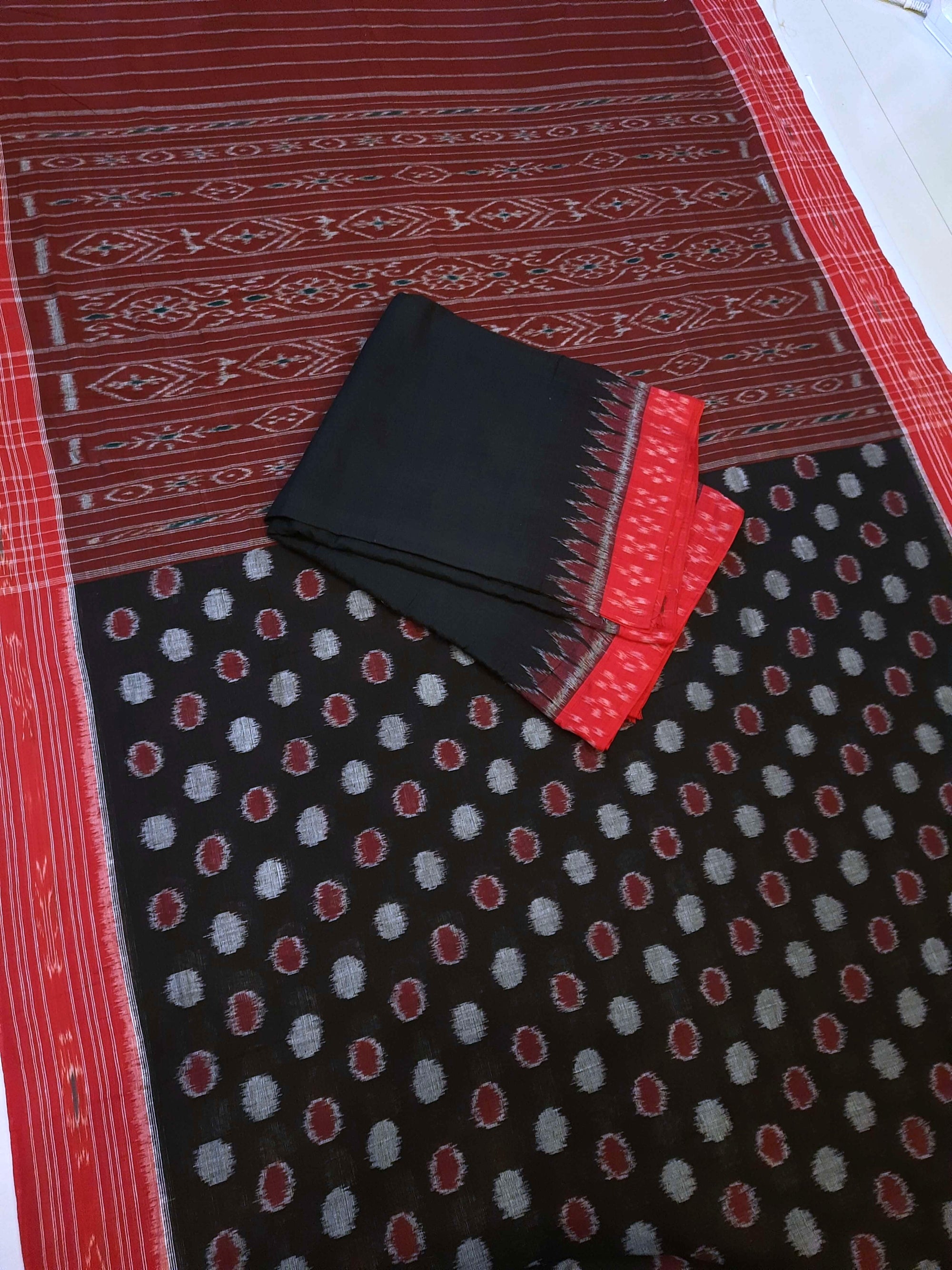 Black Cotton Odisha Ikat saree with mix match blouse piece