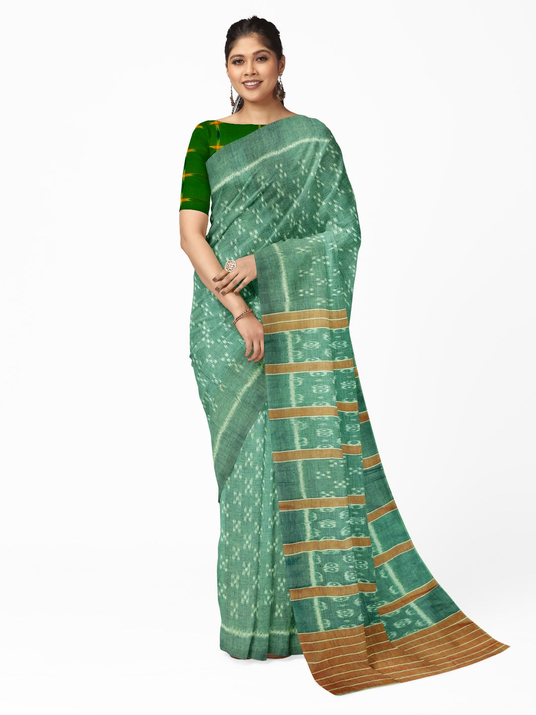Green Cotton Odisha Ikat saree with mix match cotton ikat blouse piece