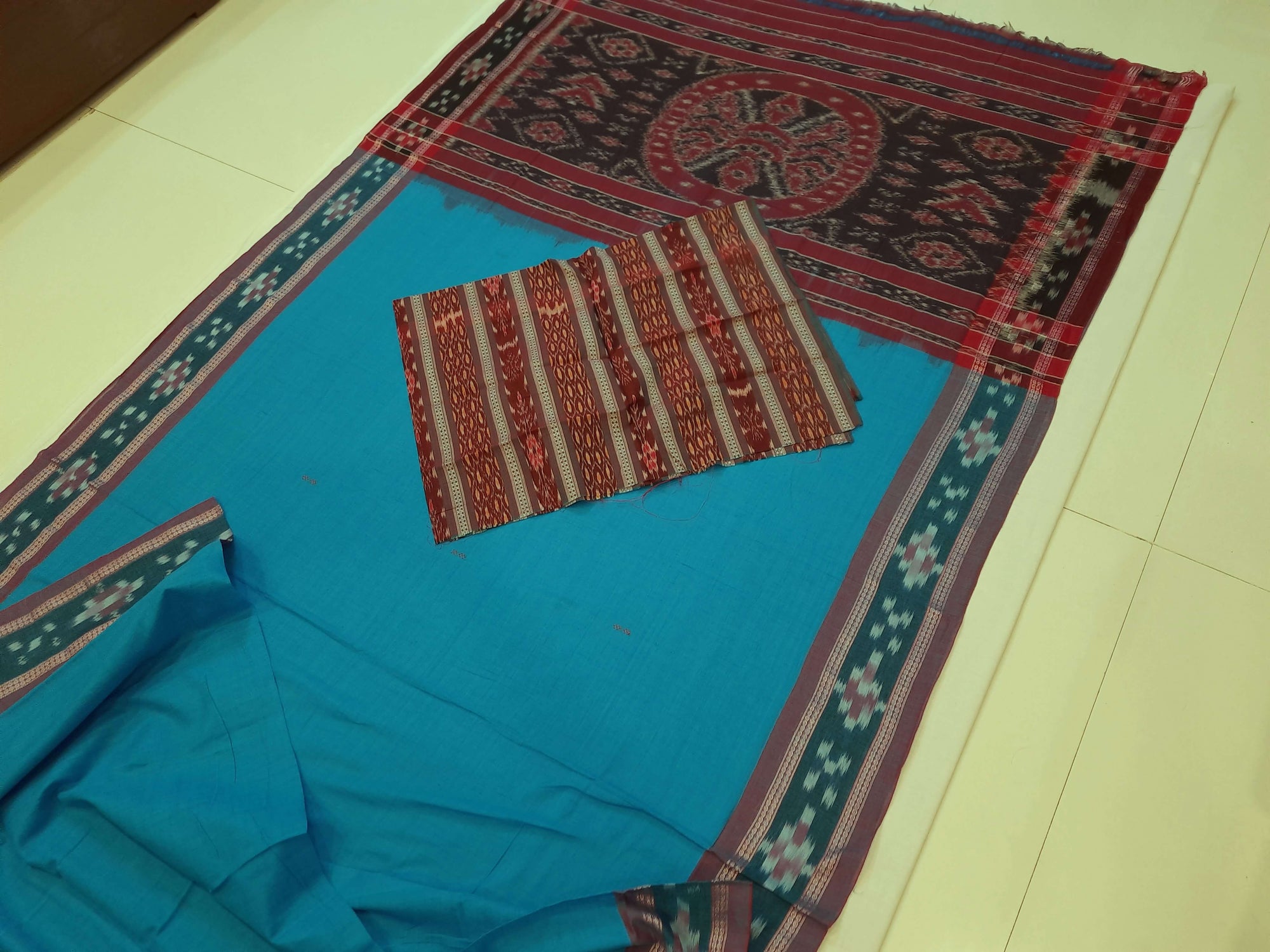 Blue Cotton Odisha Ikat saree  with mix match cotton ikat blouse