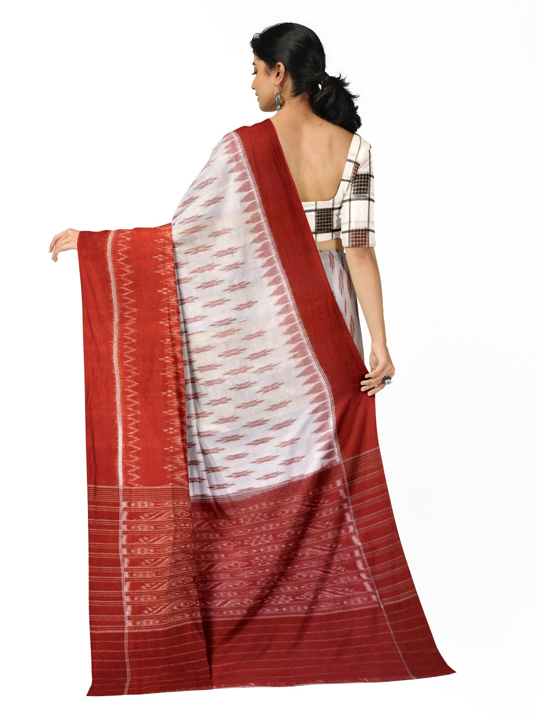 White and Red Cotton Odisha Ikat saree  with mix match cotton ikat blouse