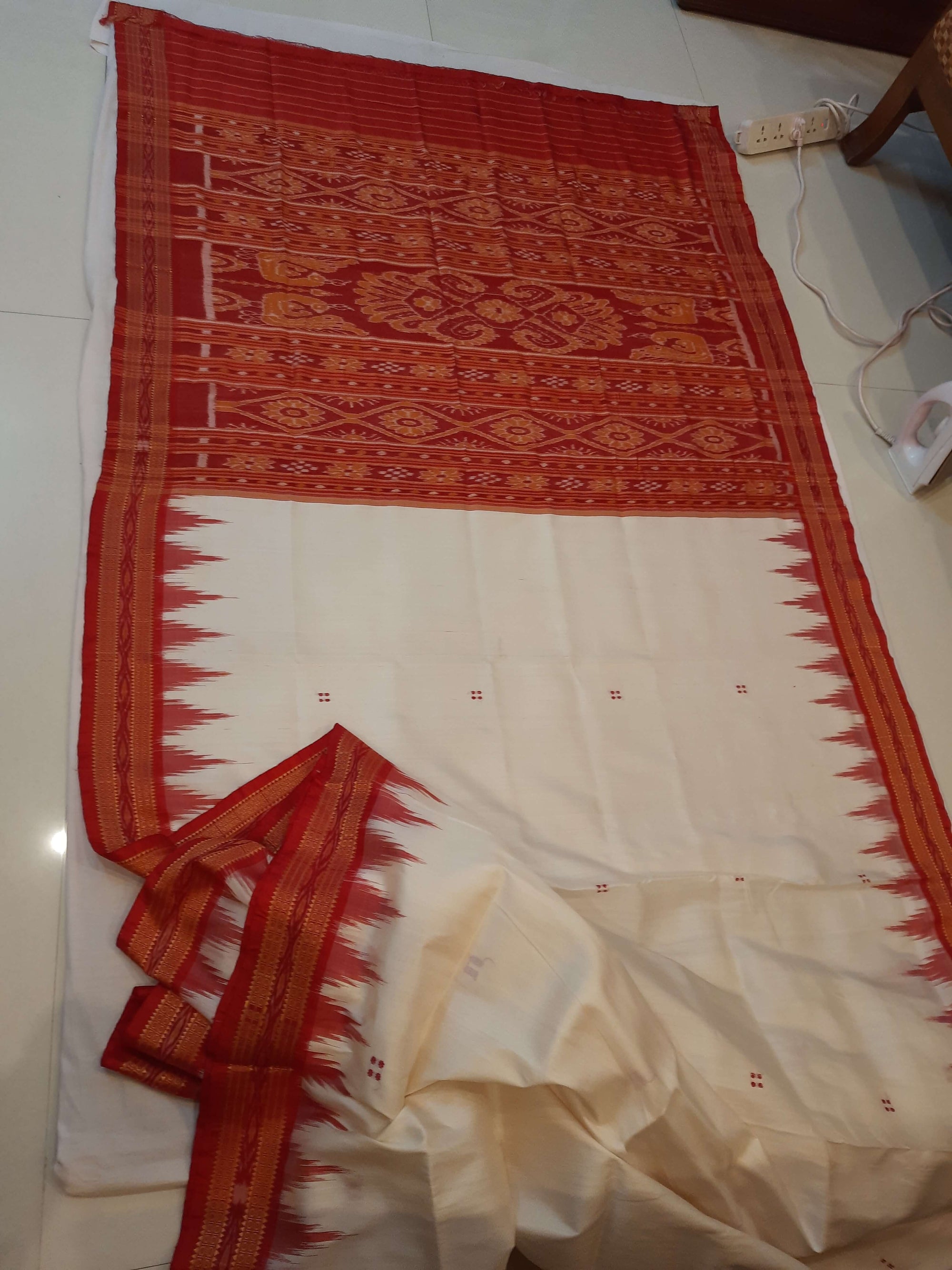 White Red Odisha Khandua Pata Silk Saree with cotton ikat blouse piece