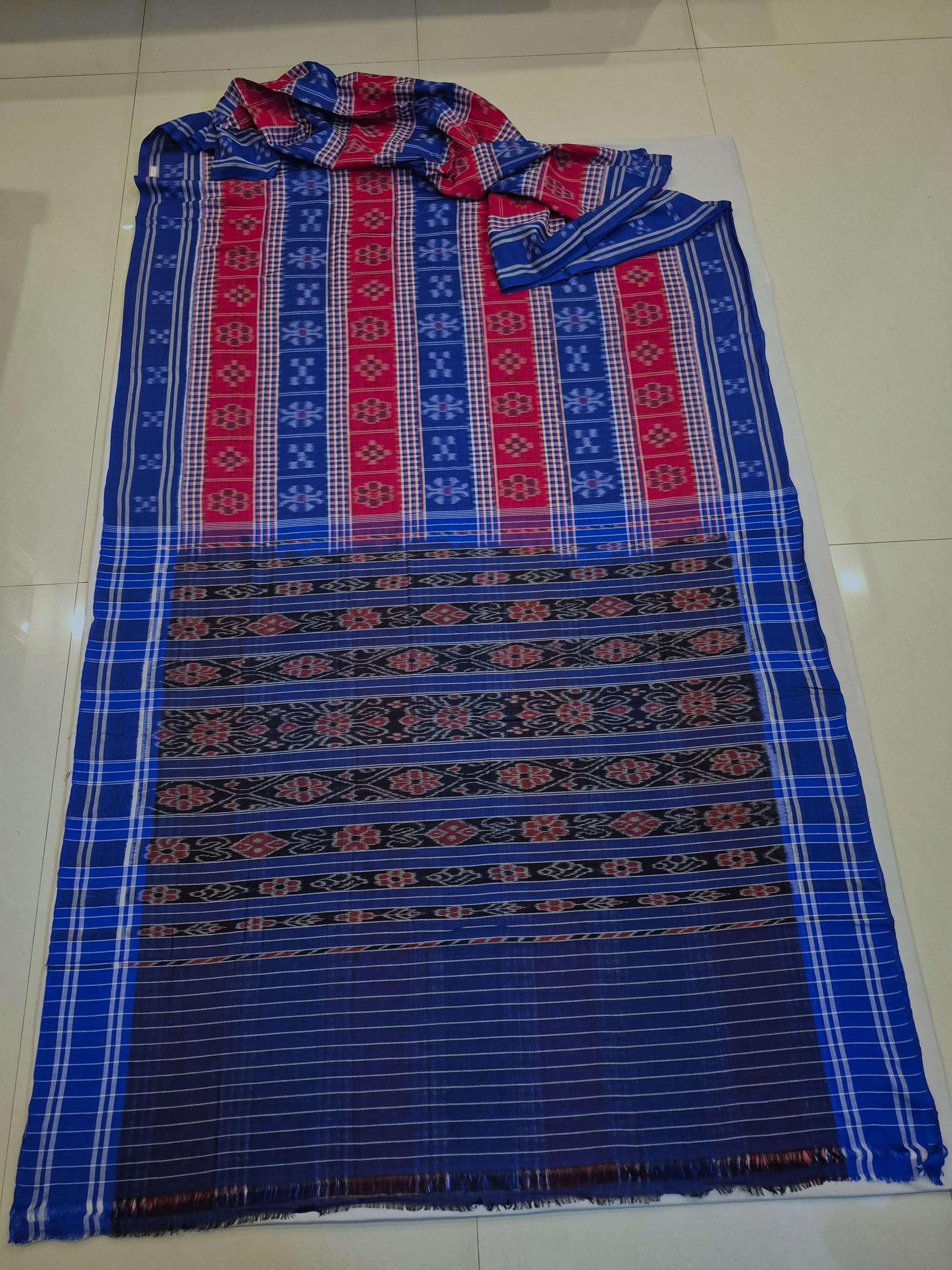 Blue Cotton Odisha Ikat saree with mix match cotton ikat blouse piece