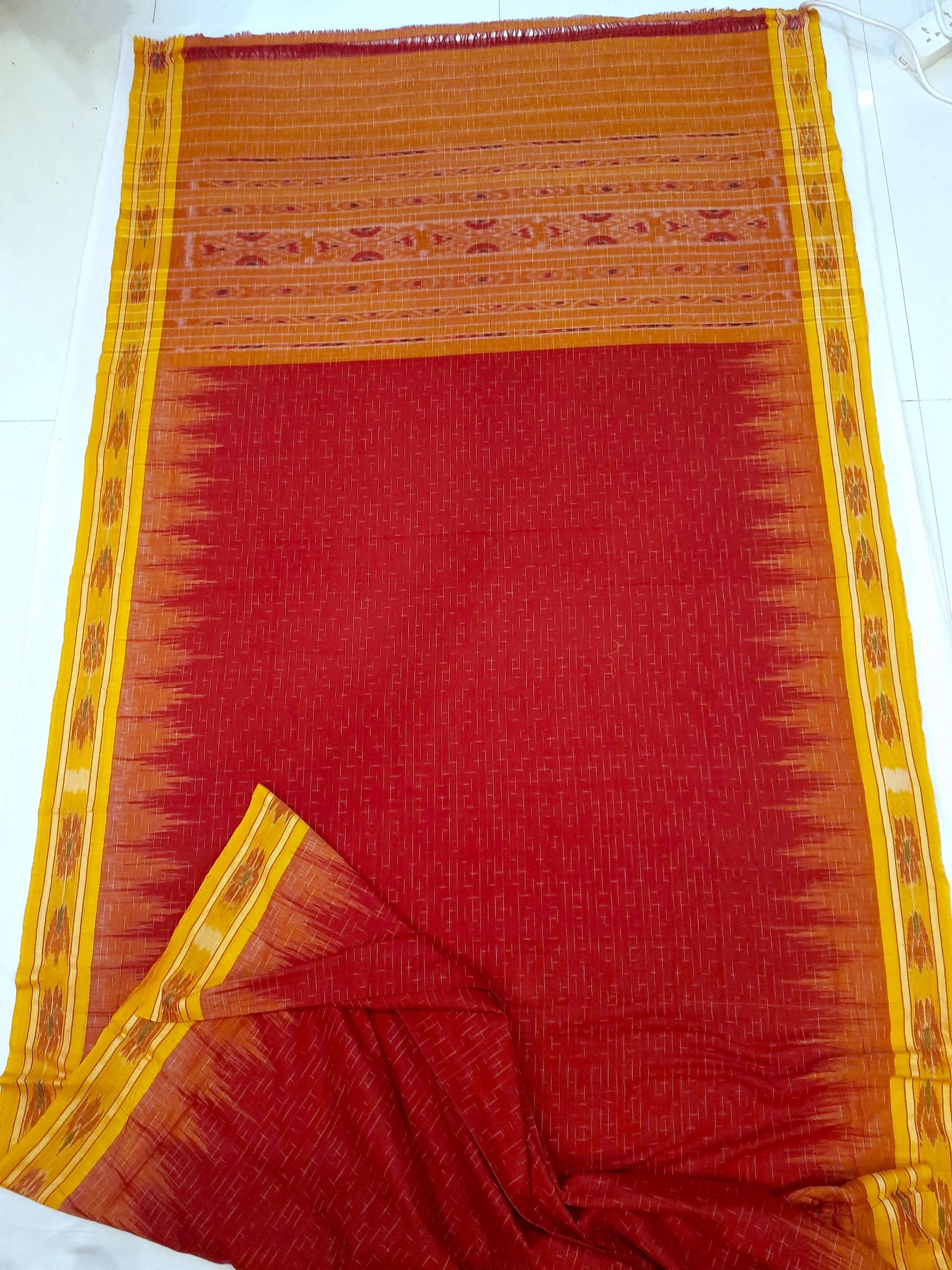 Red Cotton Odisha Ikat saree with mix match cotton ikat blouse piece
