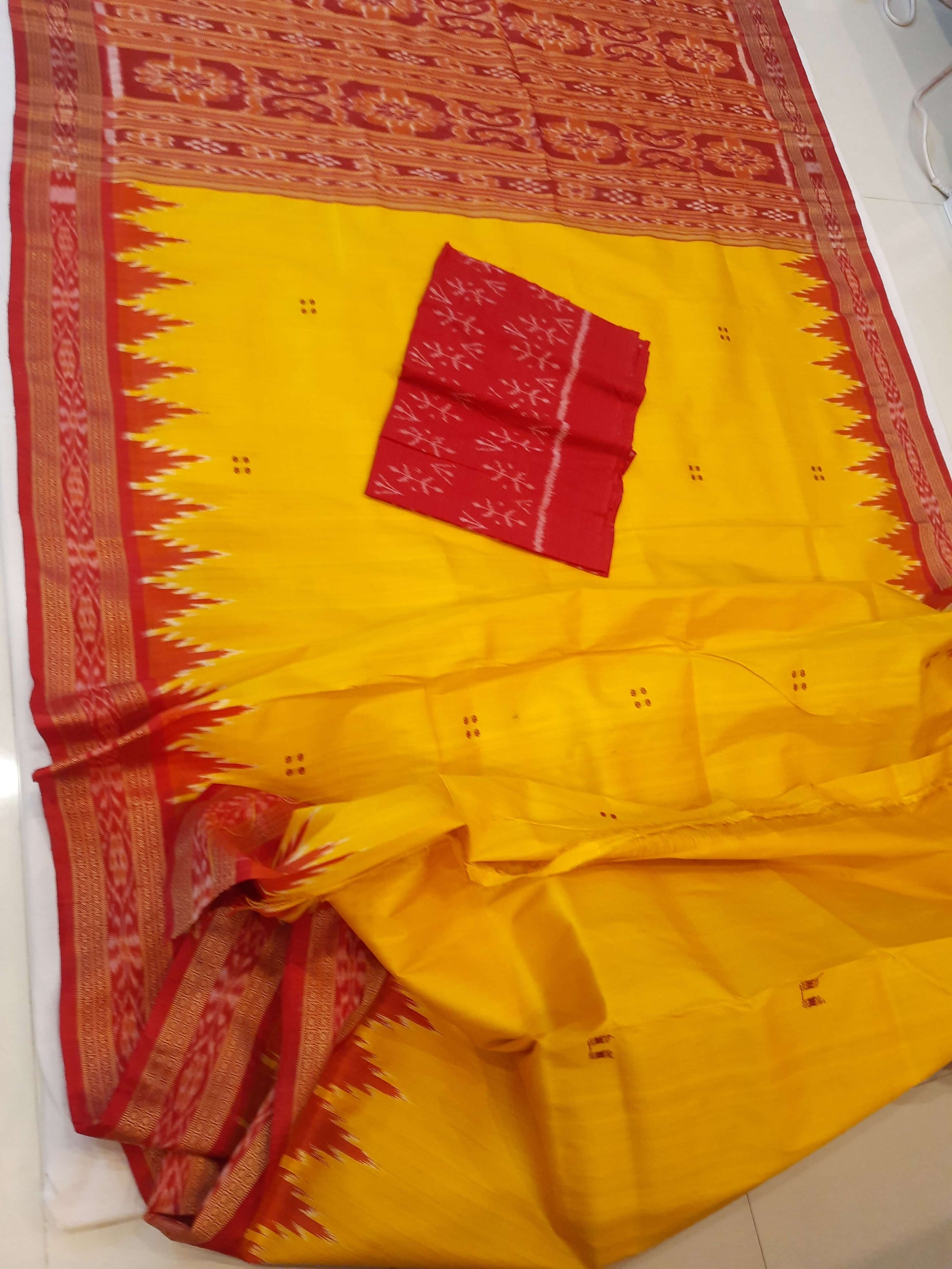 Yellow Red Odisha Khandua Pata Silk Saree with cotton ikat blouse piece
