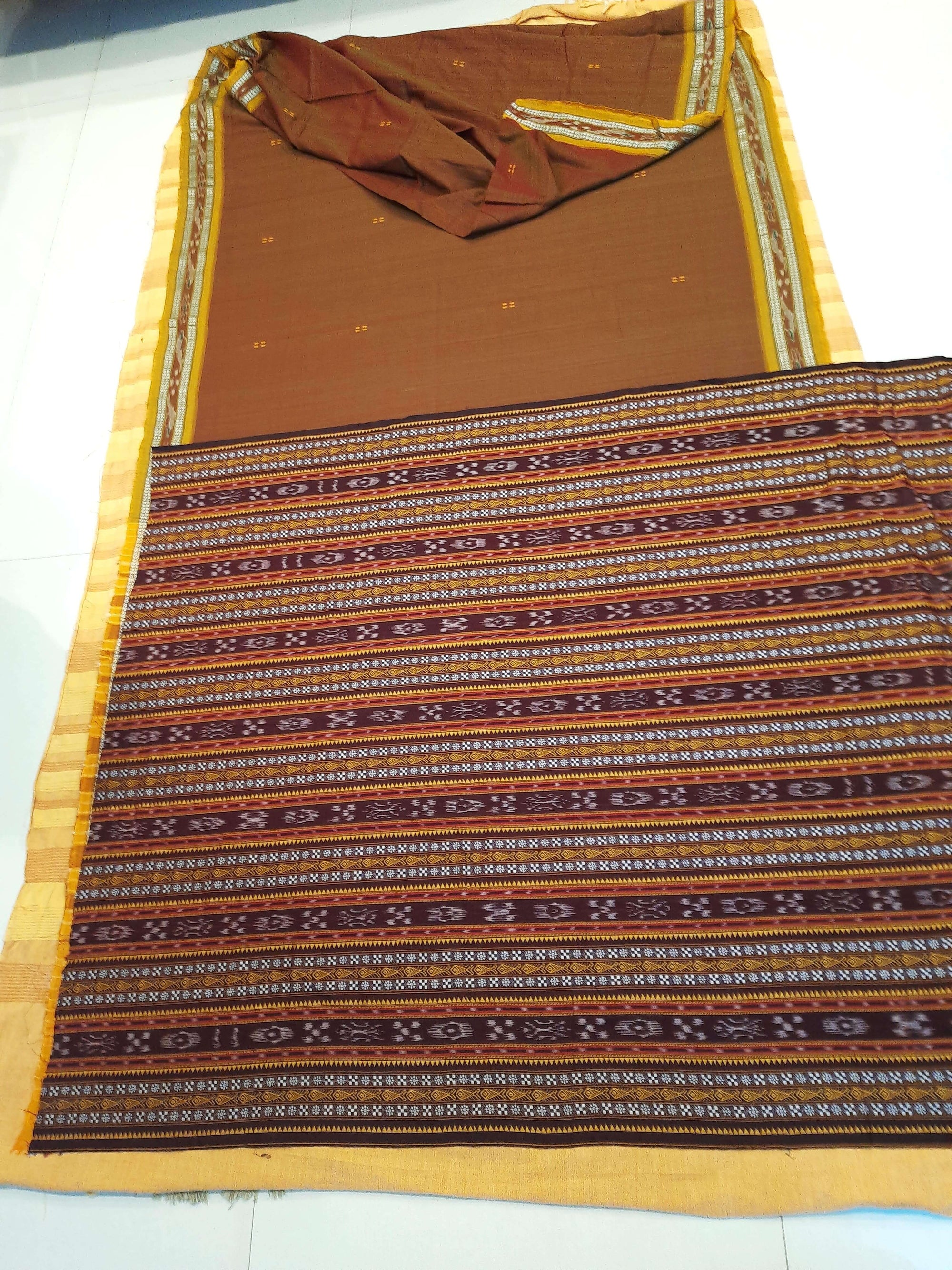 Brown with Golden Odisha Ikat saree  with cotton ikat blouse piece