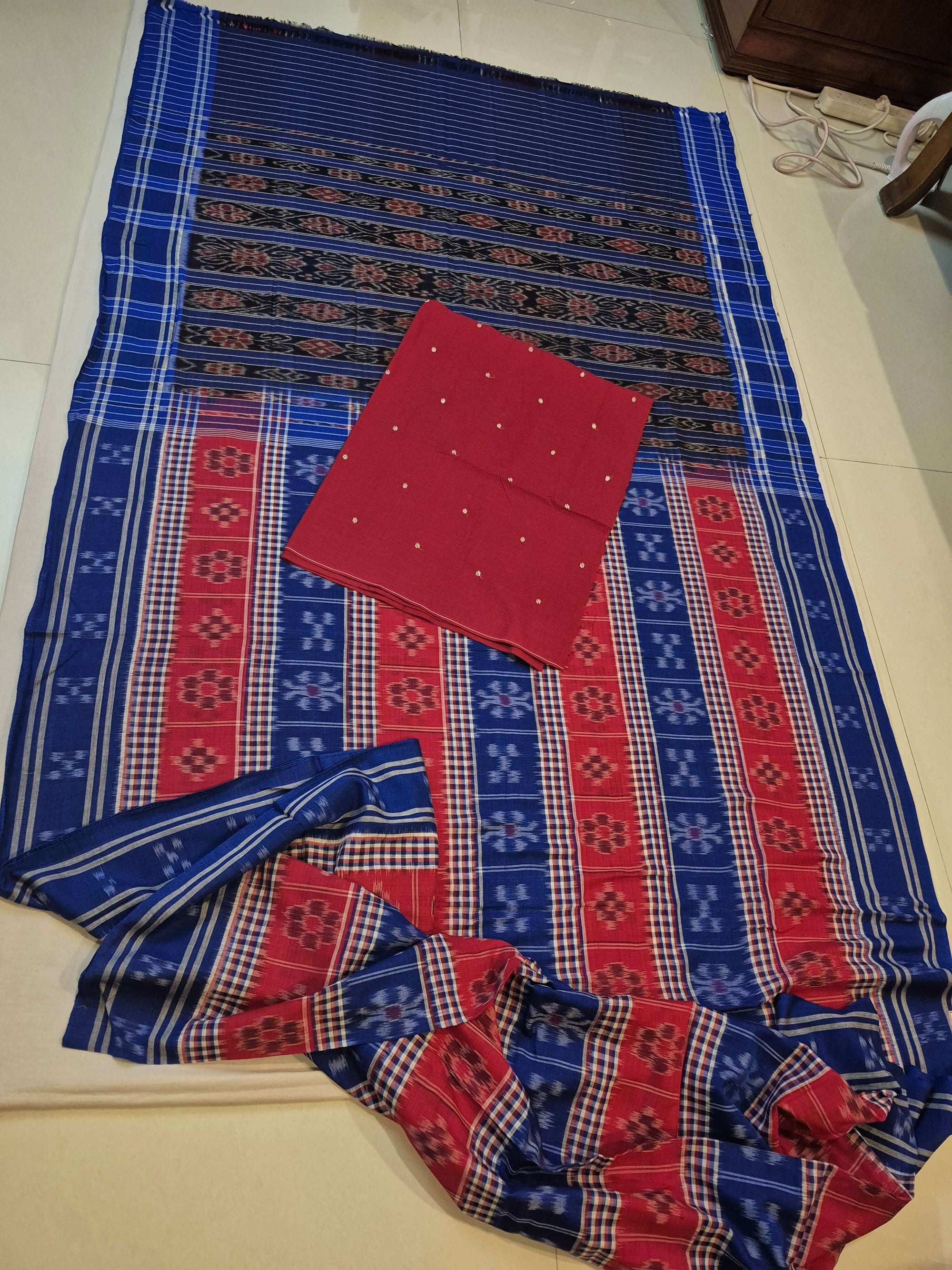 Blue Cotton Odisha Ikat saree with mix match cotton ikat blouse piece