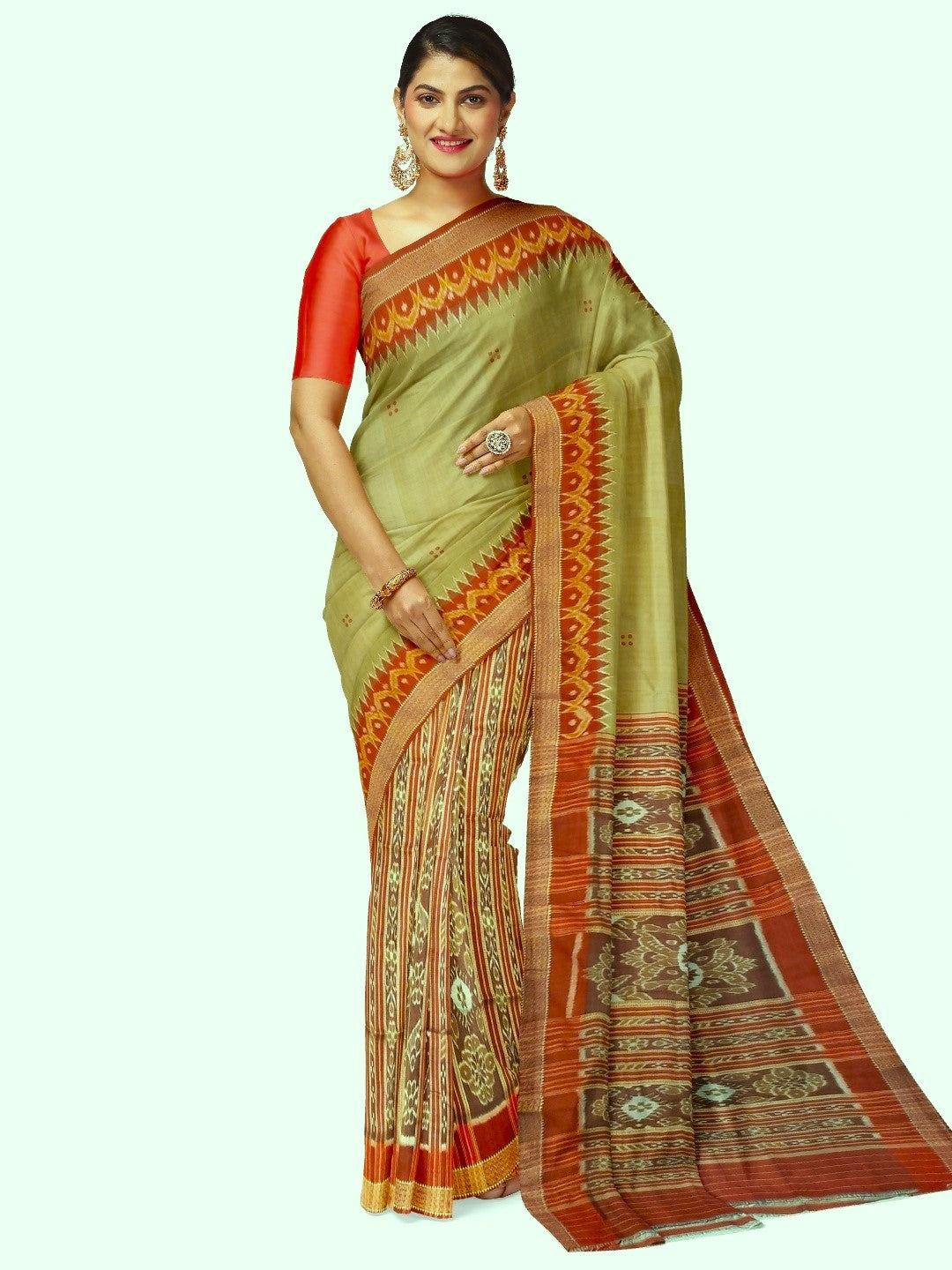 Light Greenish Beige Patli Pleats Odisha Khandua Pata Silk Saree