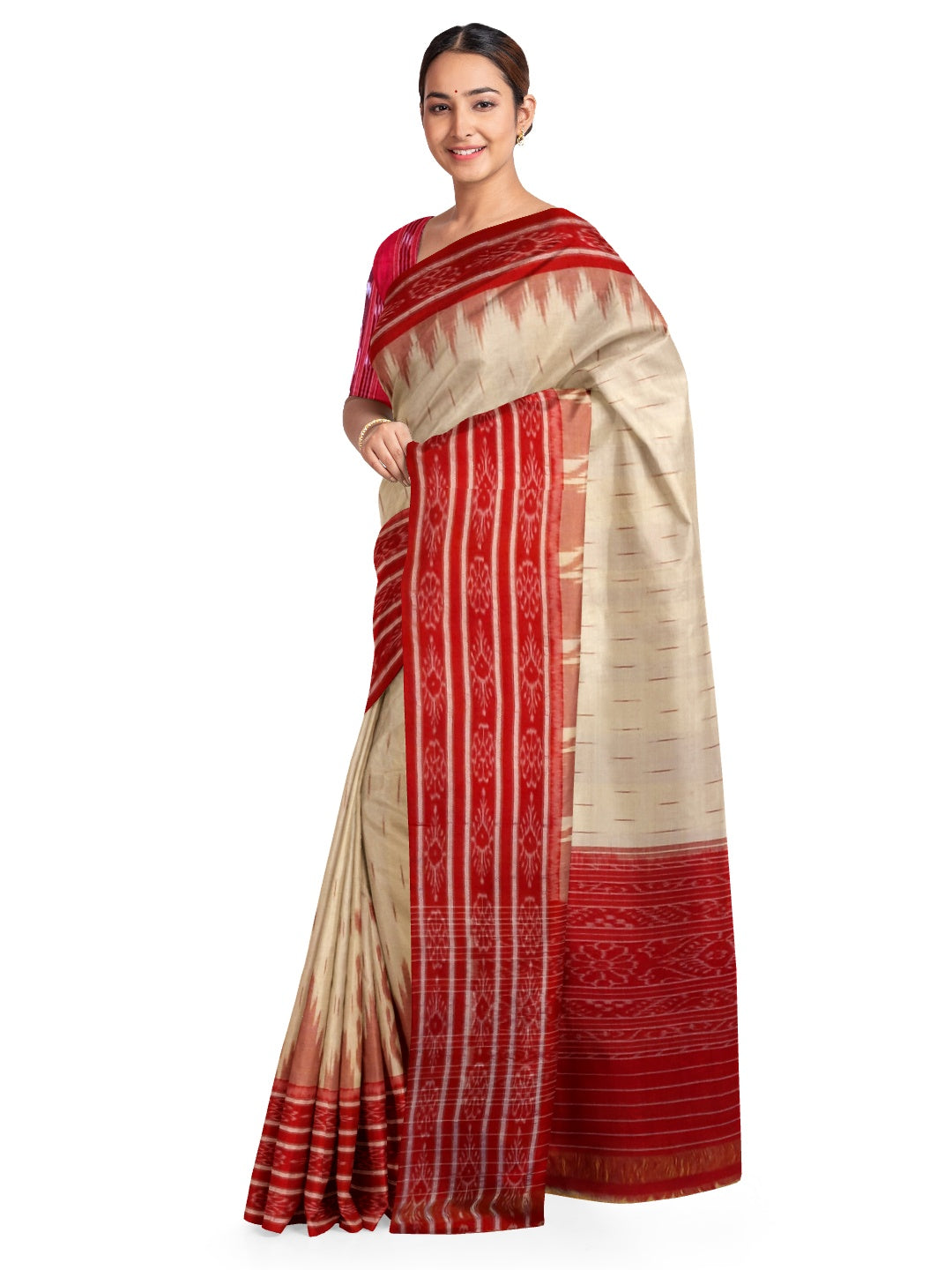 Beige wide border Cotton Odisha Ikat saree  with mix match cotton ikat blouse