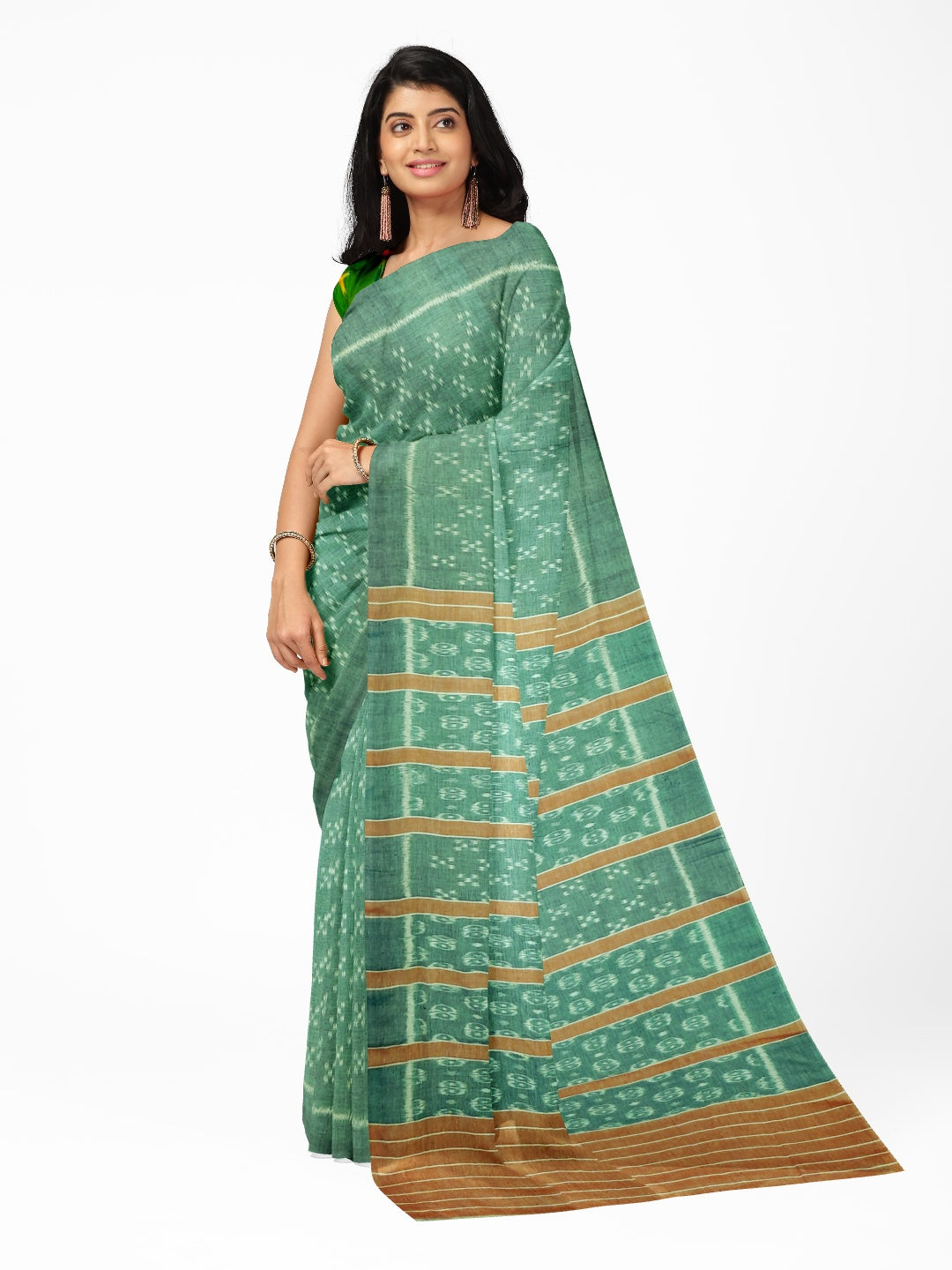 Green Cotton Odisha Ikat saree with mix match cotton ikat blouse piece