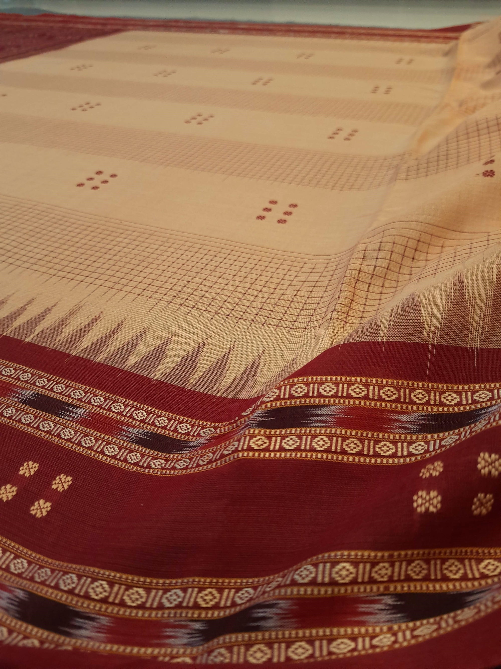 Beige Maroon buti Cotton Odisha Ikat saree with mix match cotton ikat blouse