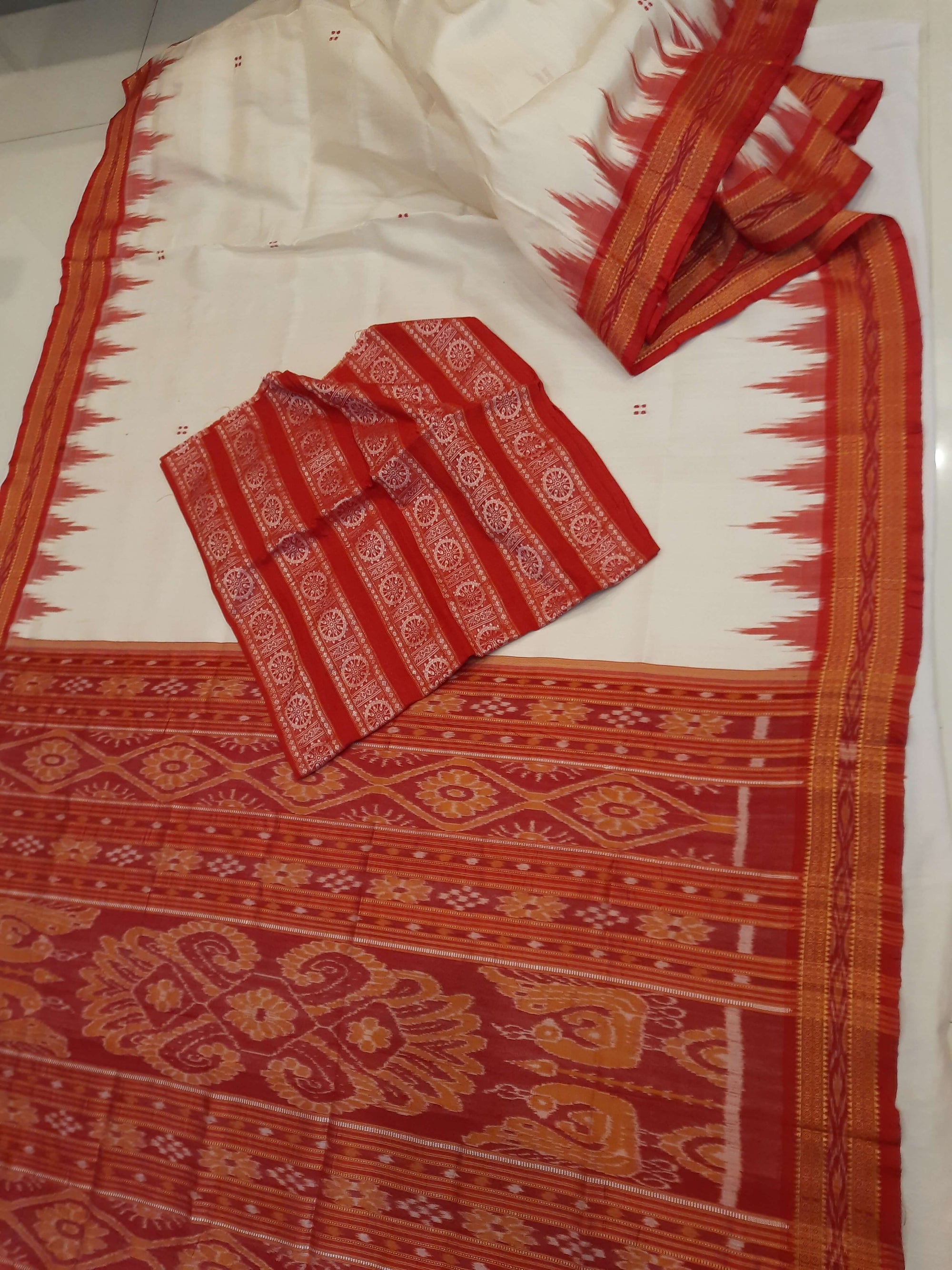 White Red Odisha Khandua Pata Silk Saree with cotton ikat blouse piece
