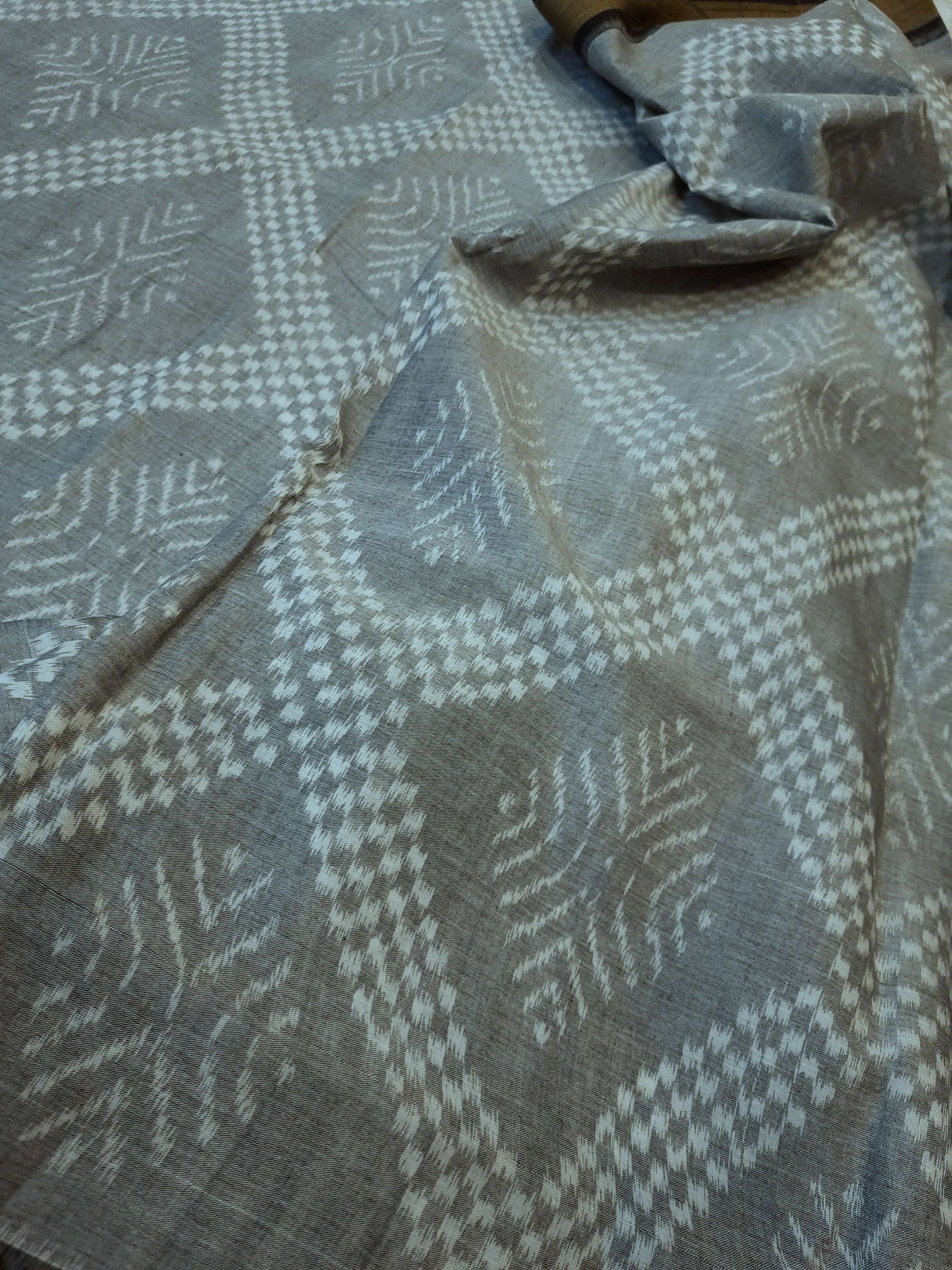 Grey Sambalpuri cotton Saree with mix match ikat blouse piece