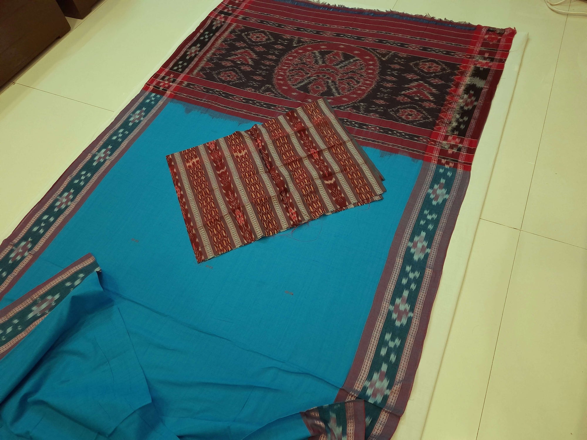 Blue Cotton Odisha Ikat saree  with mix match cotton ikat blouse