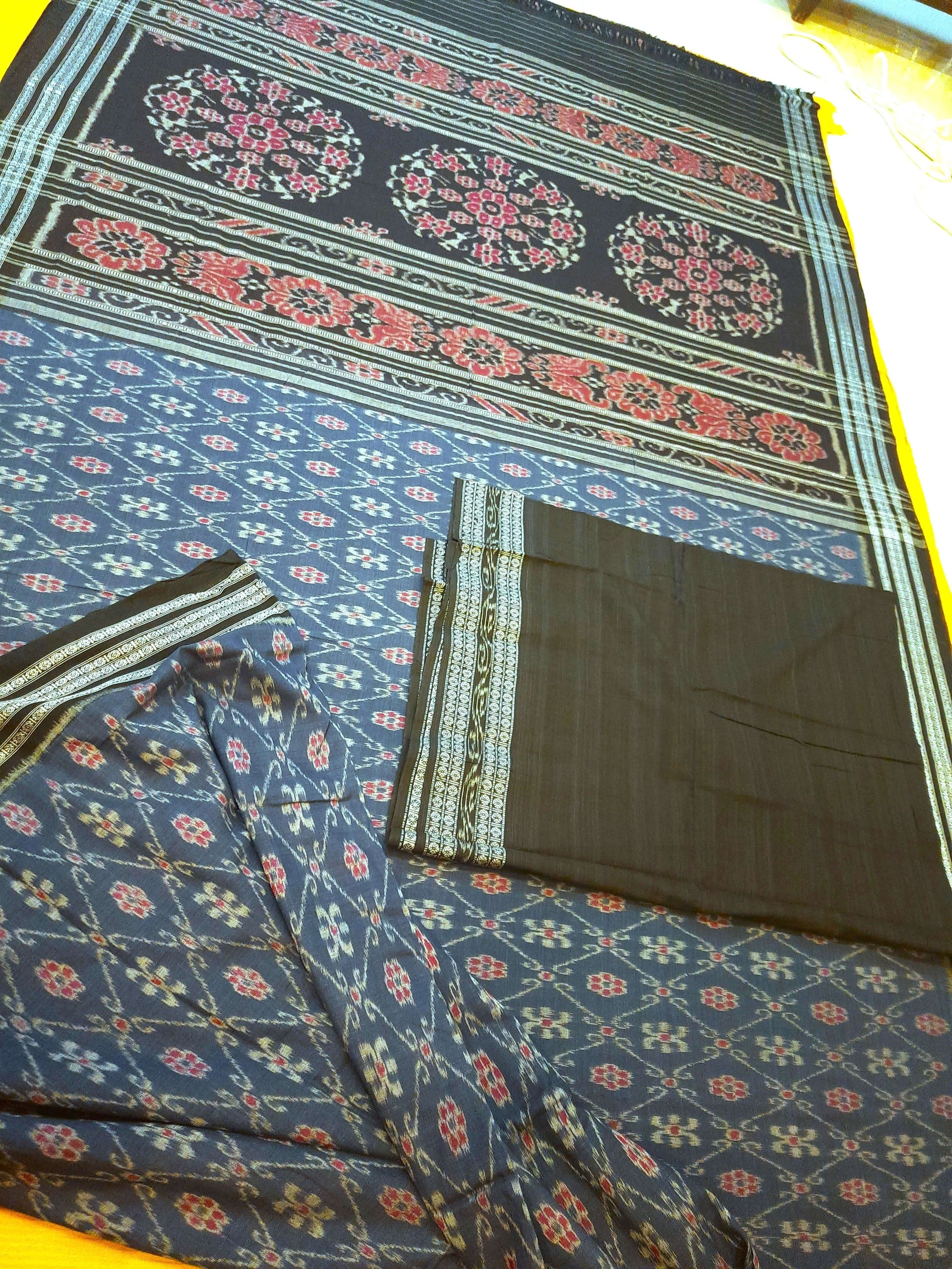Blue cotton Sambalpuri Saree paired with cotton ikat blouse piece