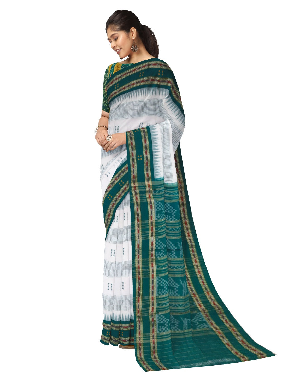 White with Green buti Cotton Odisha Ikat saree with mix match cotton ikat blouse