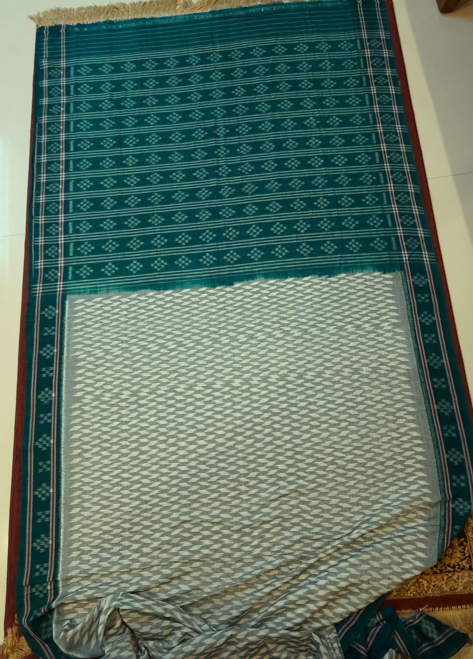 Off_White with Green Cotton Odisha Ikat saree with mix match cotton ikat blouse piece
