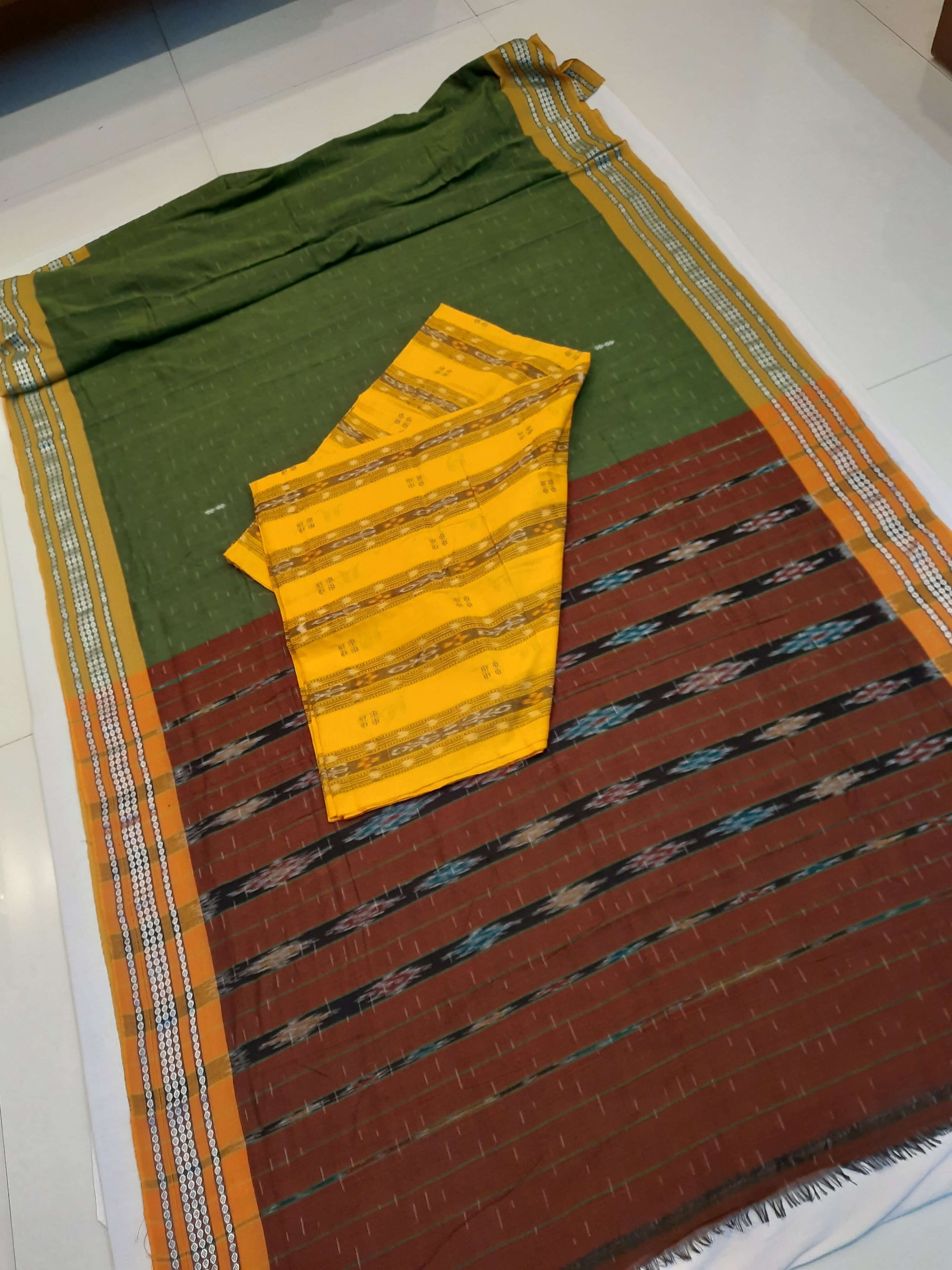 Olive Green Cotton Odisha Ikat saree with mix match blouse piece