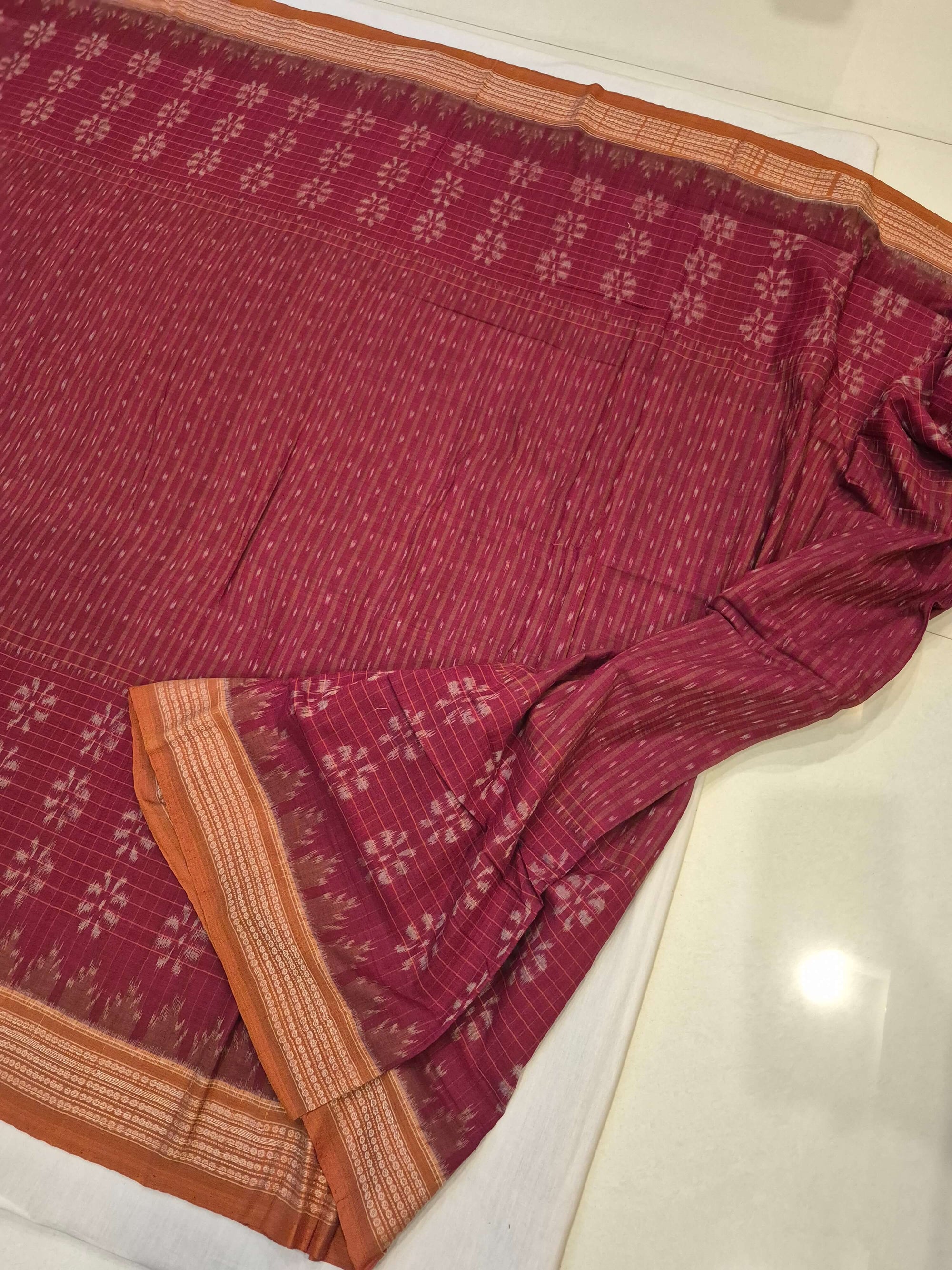 Maroon Sambalpuri Cotton Saree with cotton ikat blouse piece