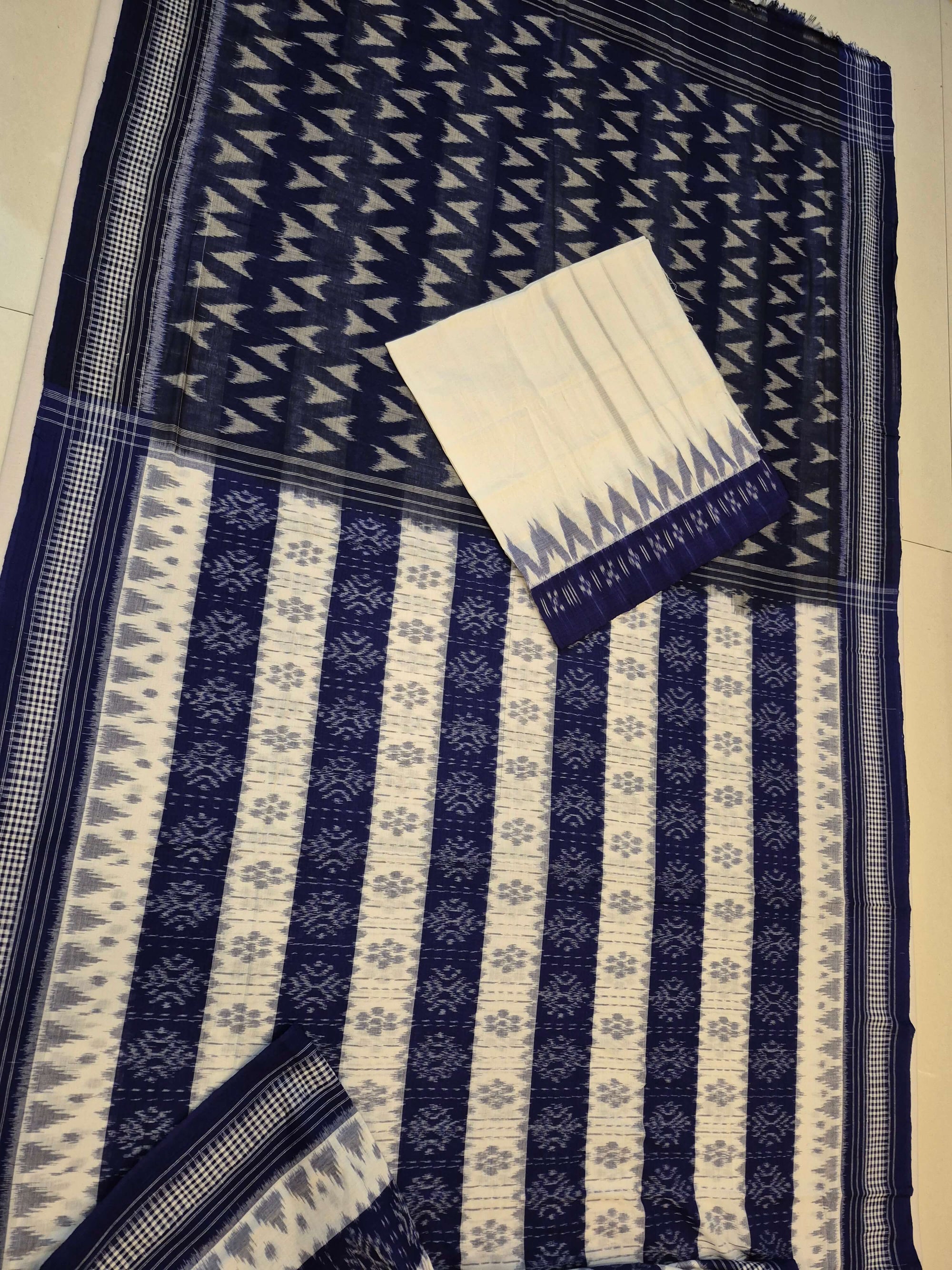 White with Blue Cotton Odisha Ikat saree with cotton ikat blouse piece