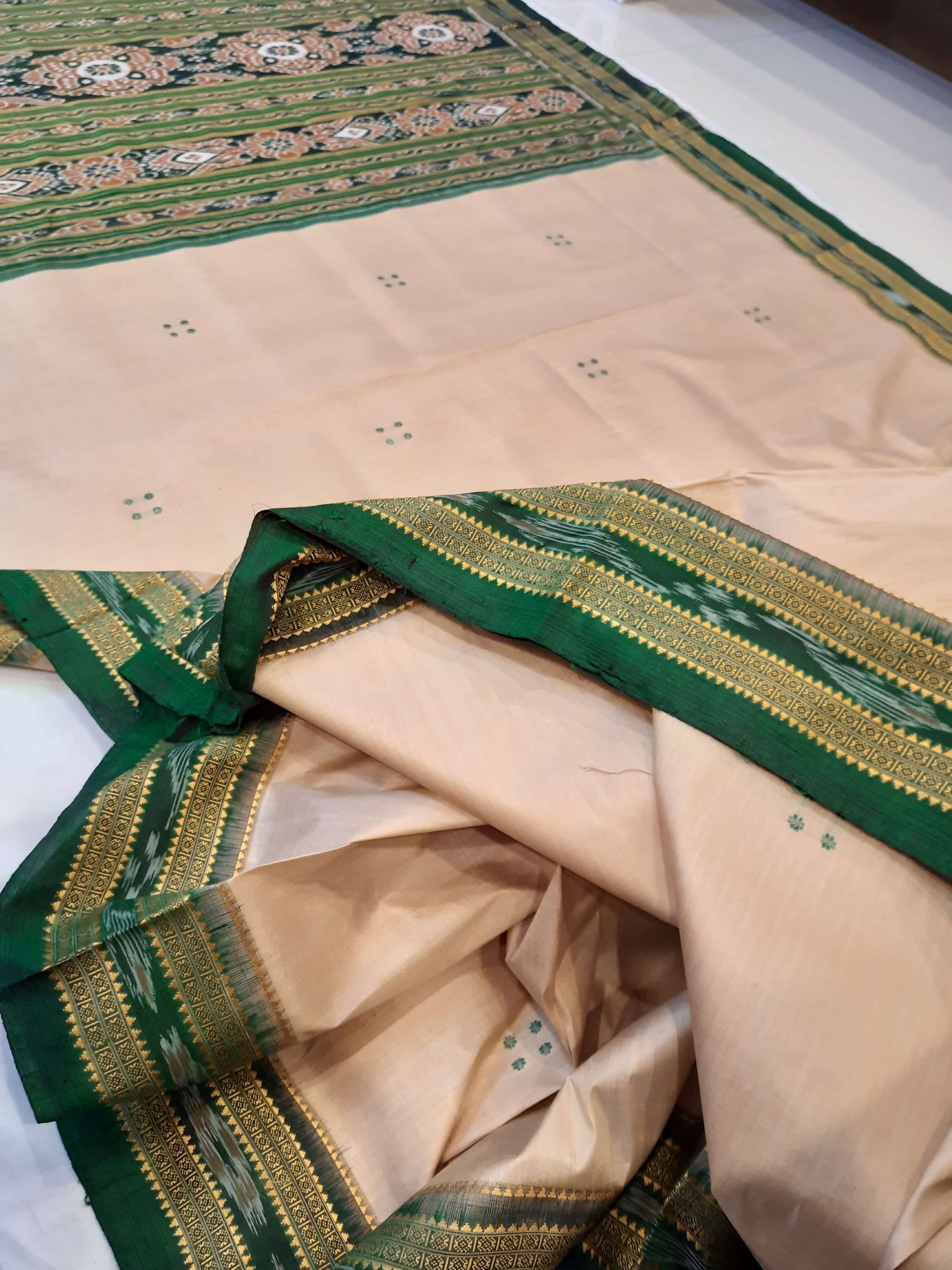 Beige with Green Odisha Khandua Pata Silk Saree with cotton ikat blouse piece
