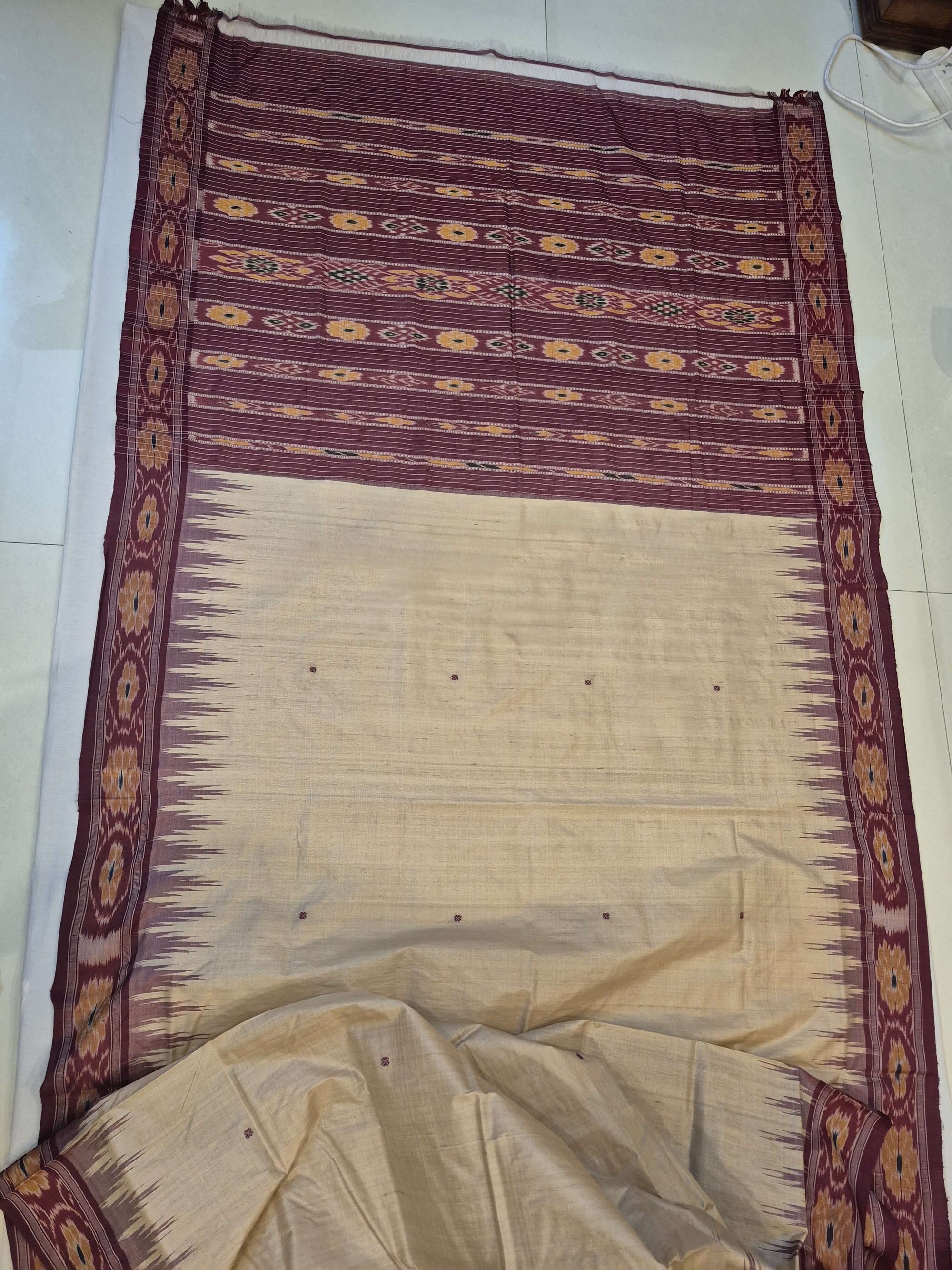 Beige with Maroon Tussar Silk Odisha Ikat Saree paired with cotton ikat blouse piece