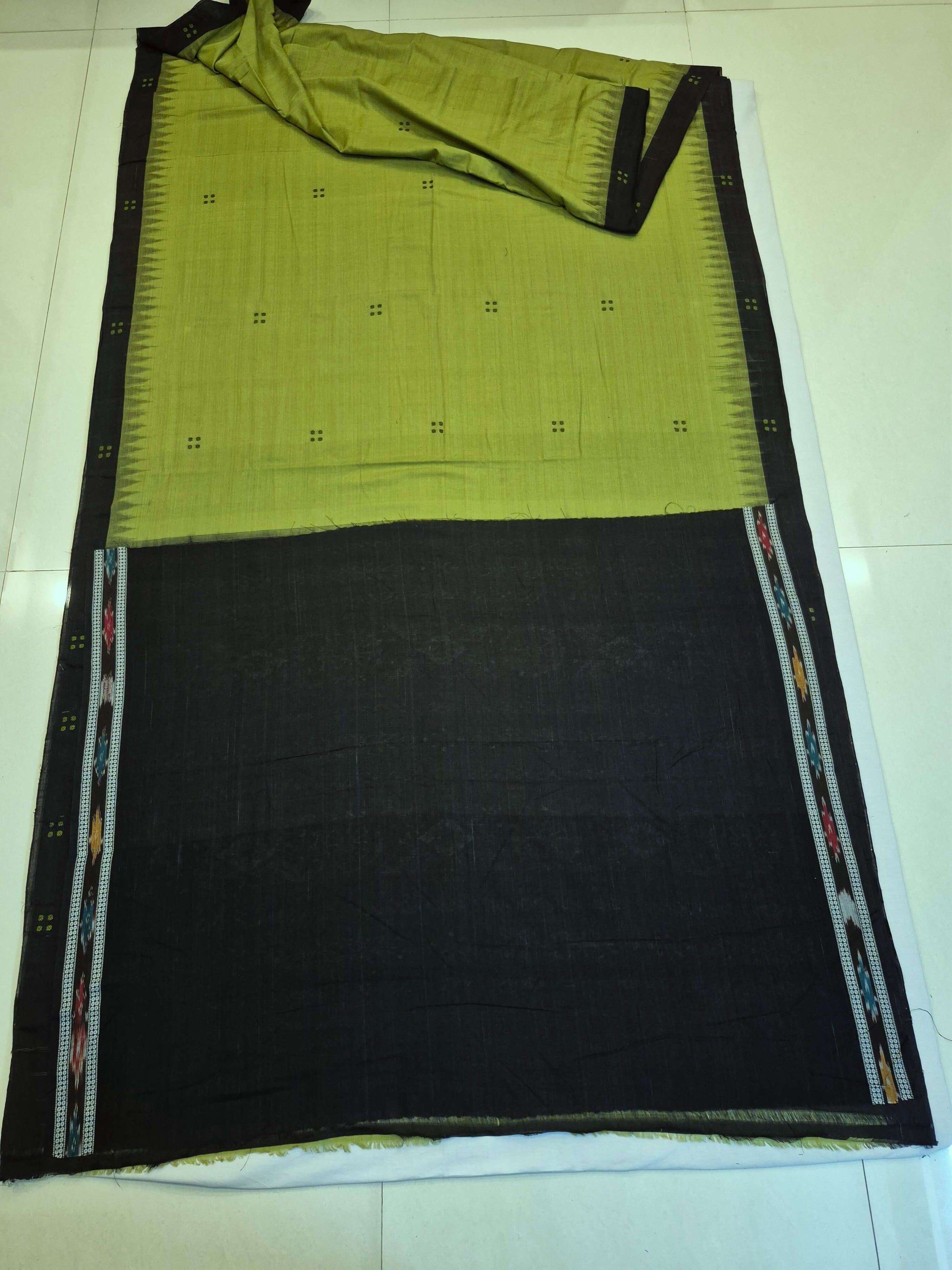Green with Black Cotton Odisha Ikat saree with cotton ikat blouse piece