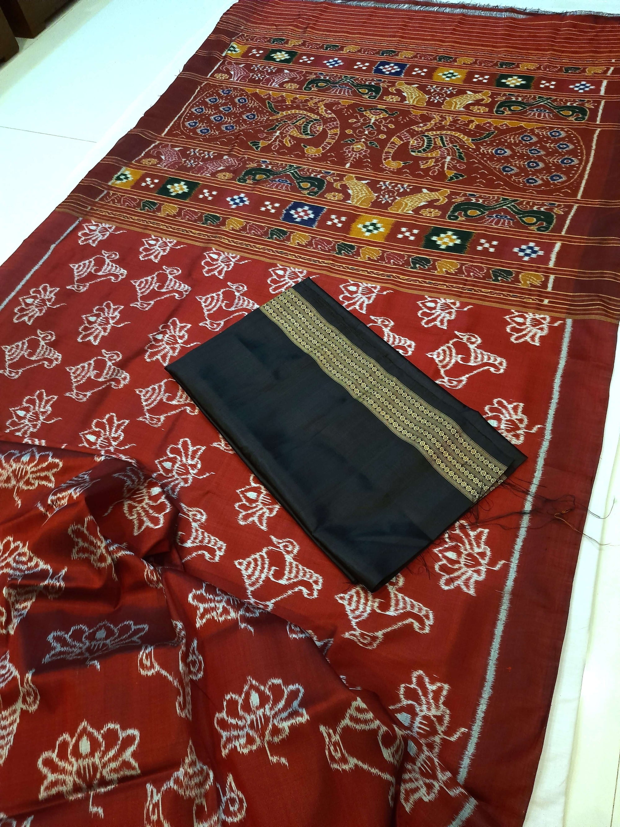 Maroon Odisha Khandua Pata Silk Saree with Silk Blouse piece