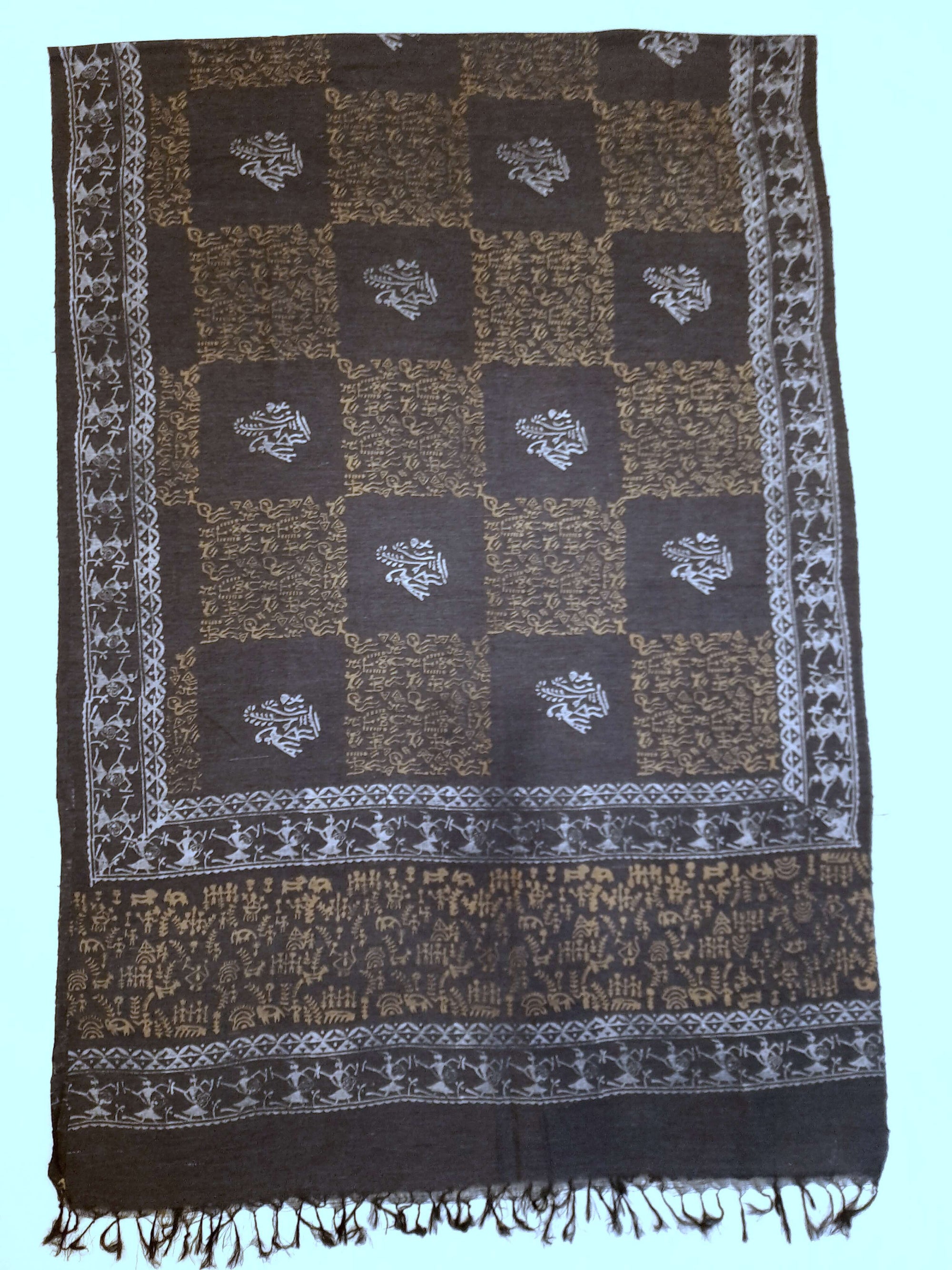 Grey Tussar Silk Dupatta with hand block print