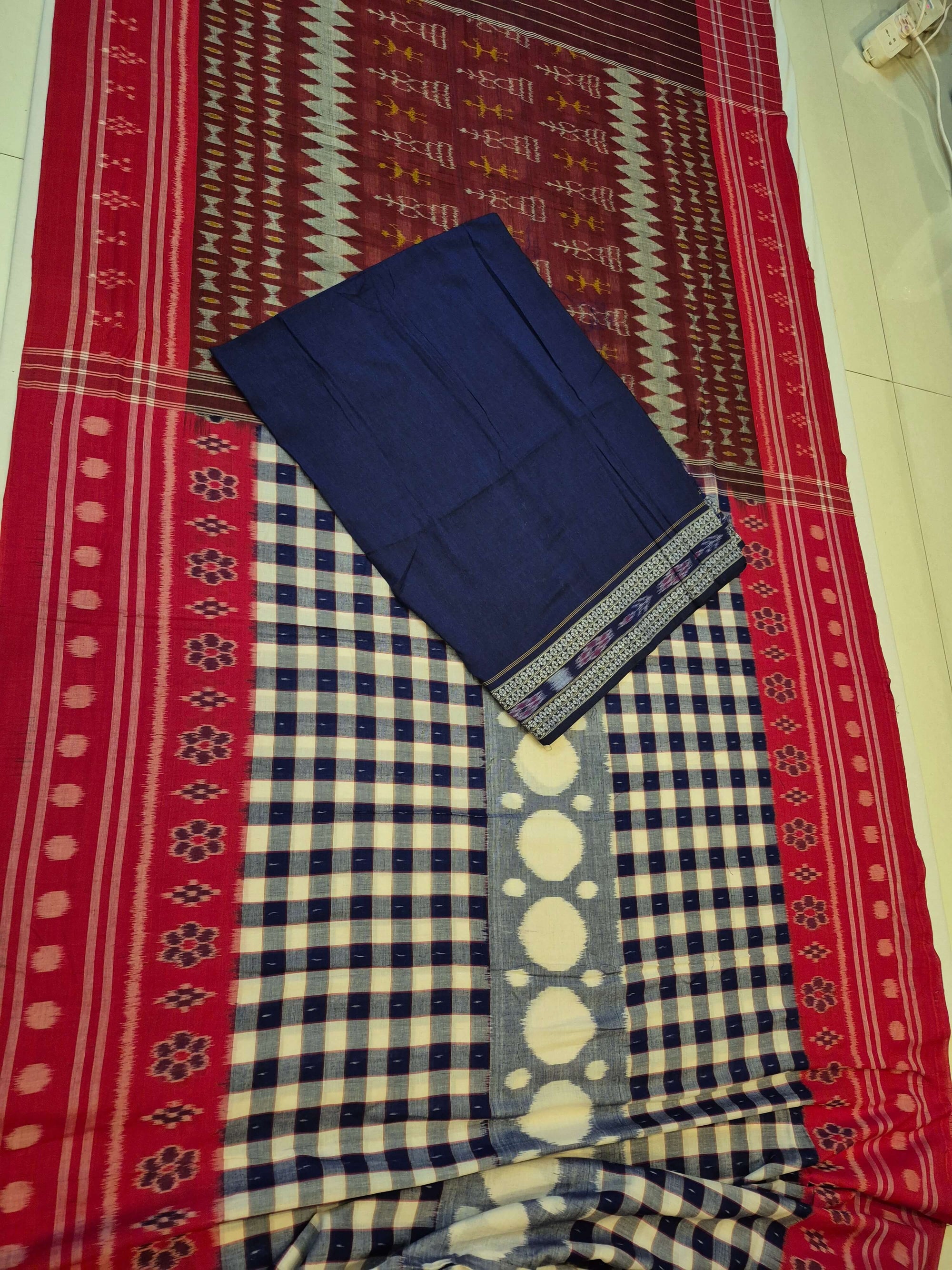Blue with Red Cotton Odisha Ikat saree with cotton ikat blouse piece