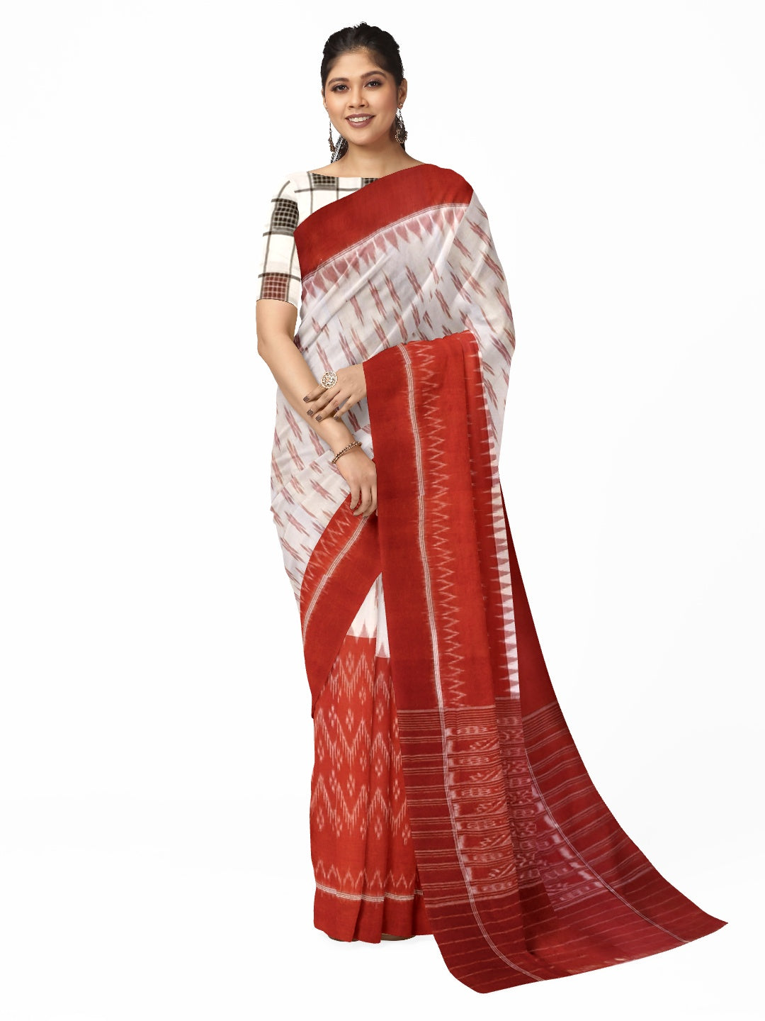 White and Red Cotton Odisha Ikat saree  with mix match cotton ikat blouse