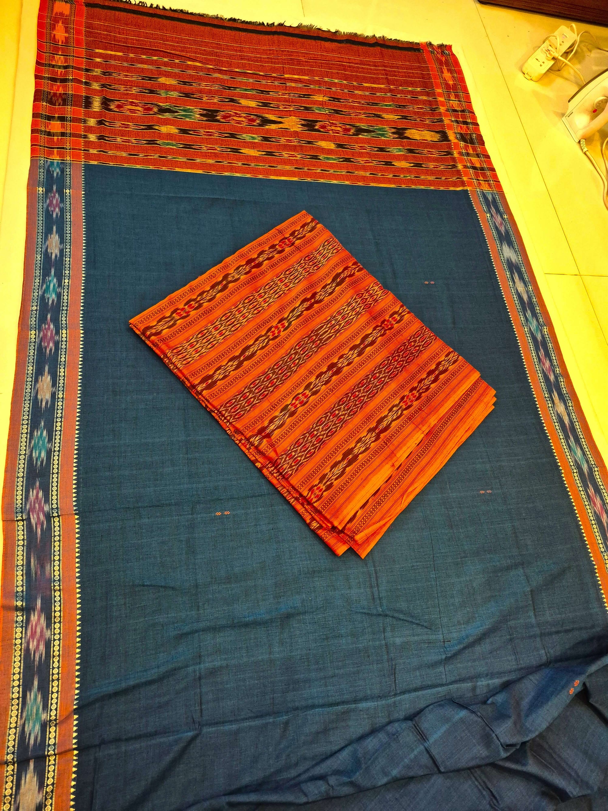 Blue Cotton Odisha Ikat saree  with mix match cotton ikat blouse