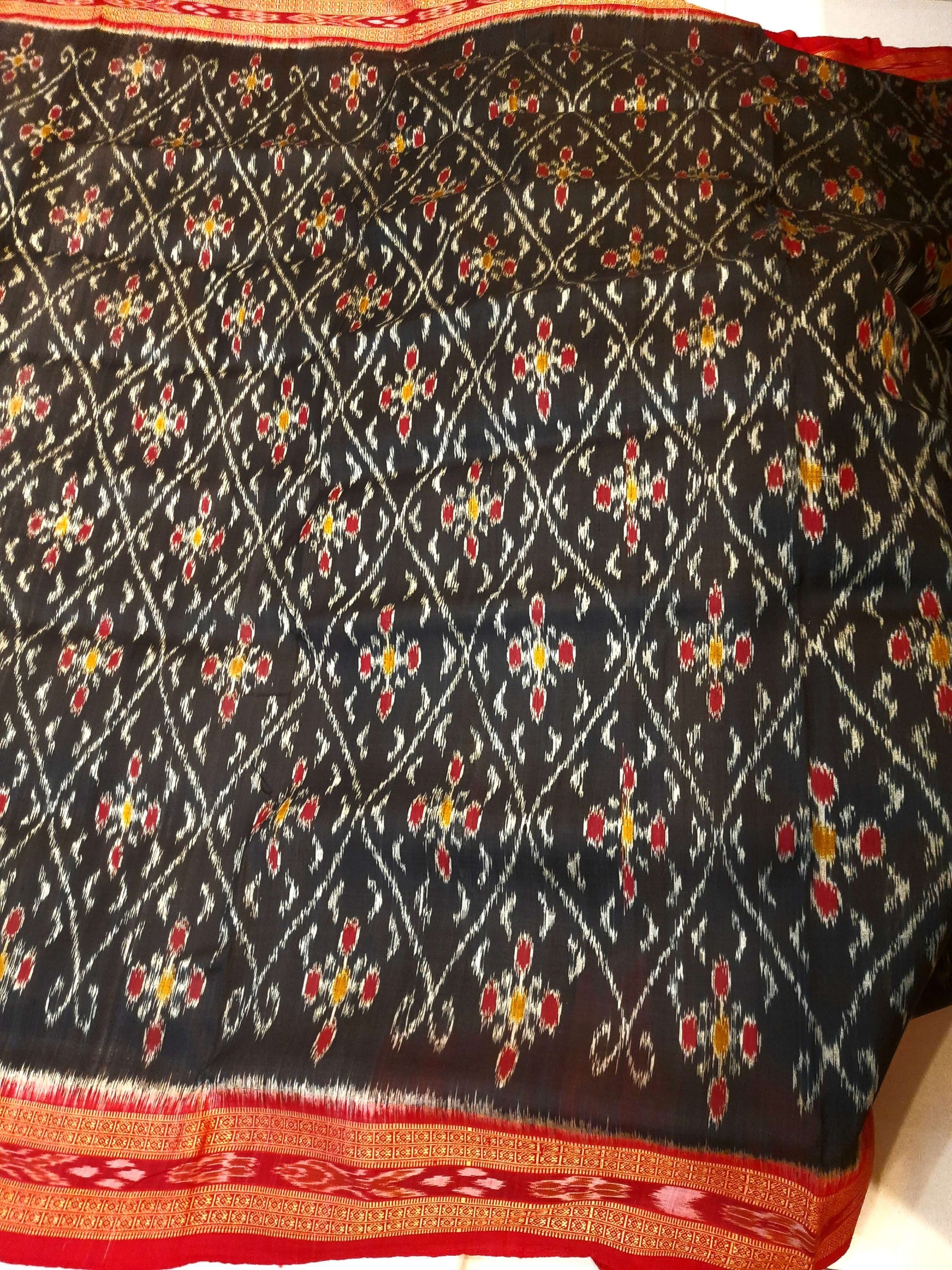 Black with Red Border Odisha Khandua Pata Silk Saree with cotton ikat blouse piece