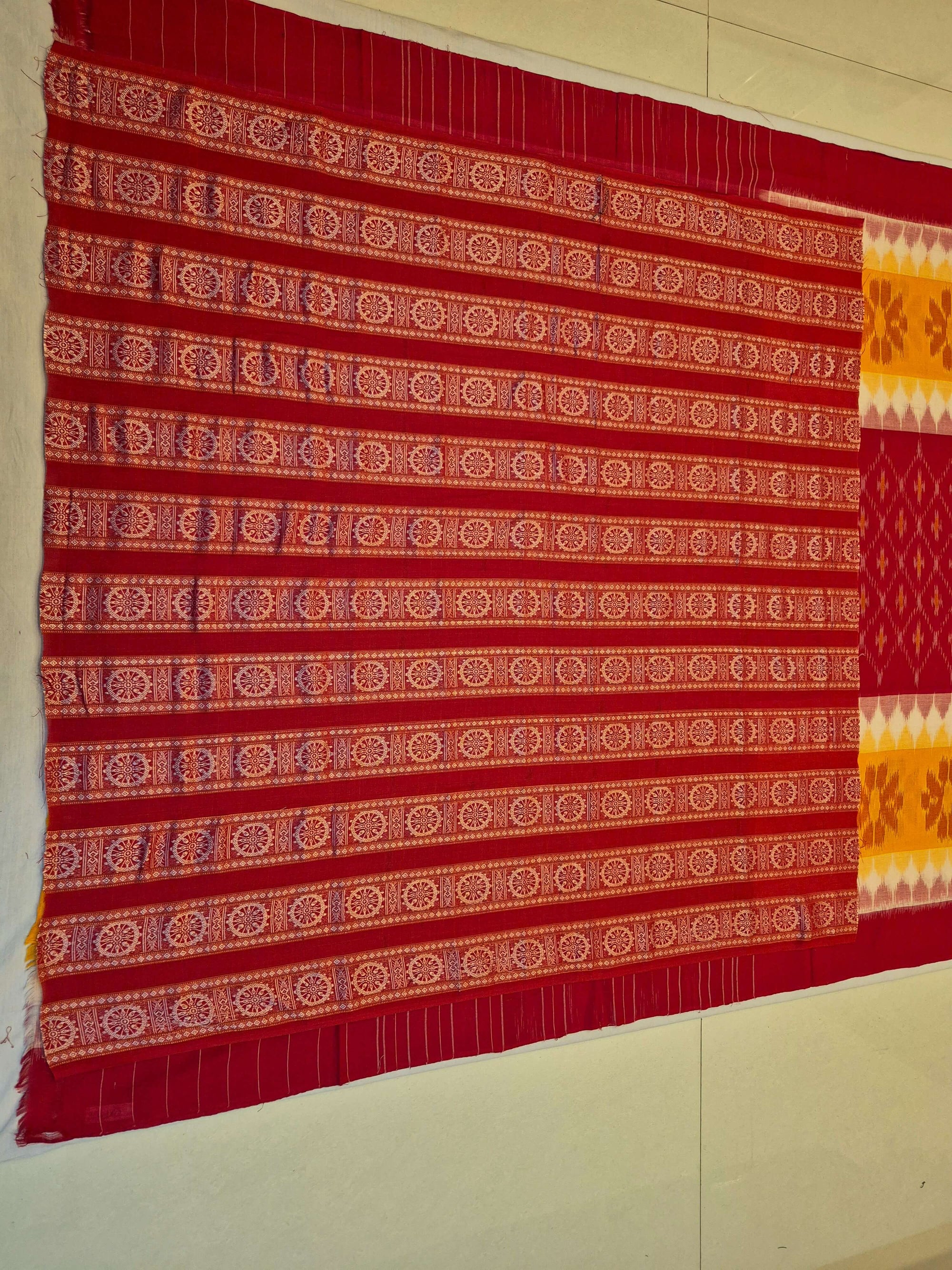 Red Yellow Cotton Odisha Ikat saree with mix match cotton ikat blouse