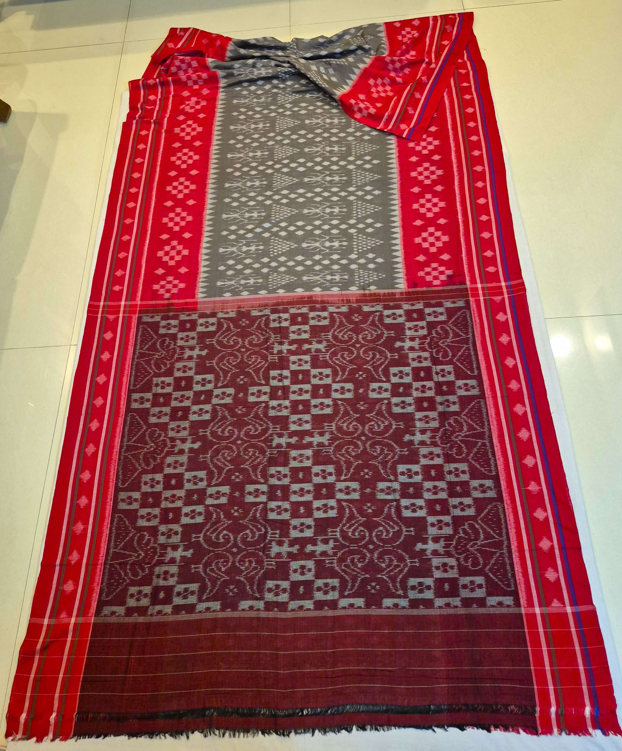 Grey with Red cotton Odisha Ikat Saree with matching cotton Ikat blouse piece