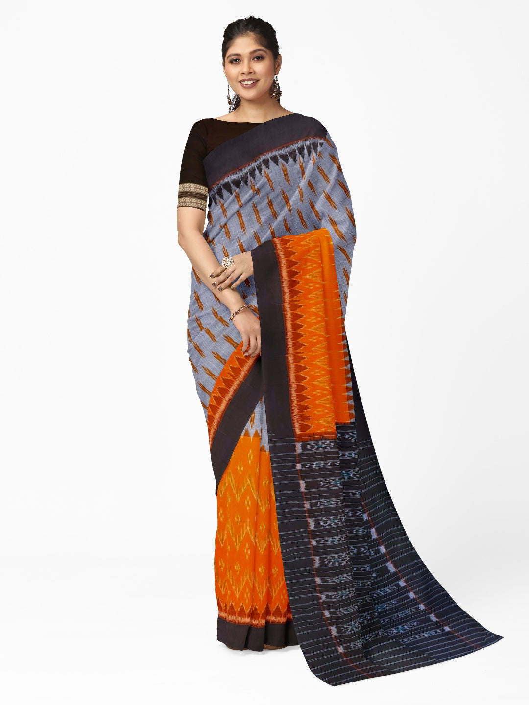 Grey Orange half half colored body Odisha Ikat saree with cotton ikat blouse piece